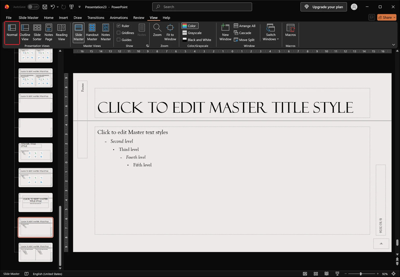 Slide Master view with the View tab active and a red box highlighting the Normal button in the Presentation Views group