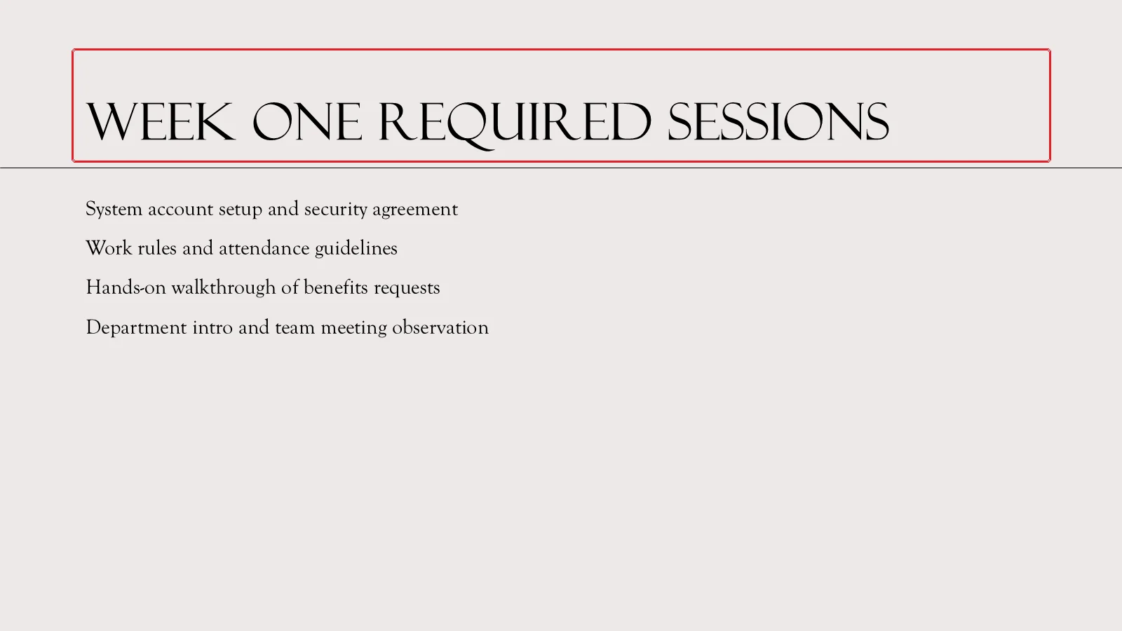 Rendered slide showing consistent title and bullet formatting inherited from the slide master, title marked with a red box