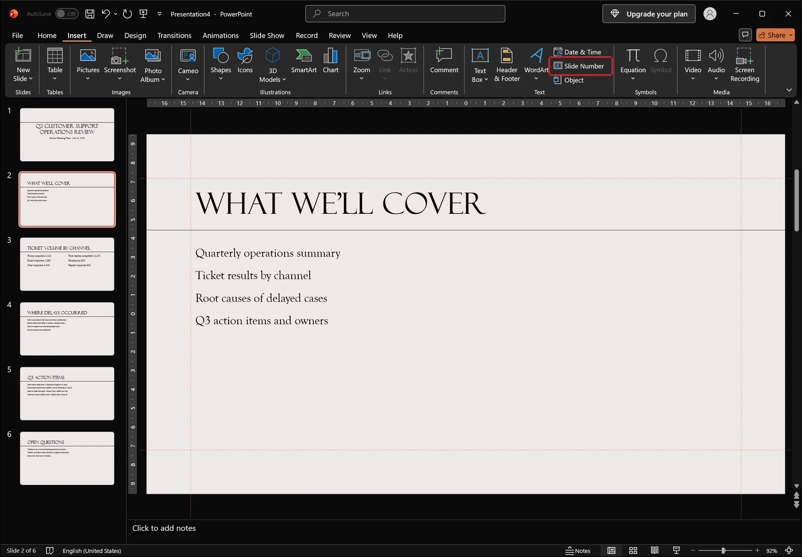 PowerPoint Insert tab with a red box highlighting the Slide Number command in the Text group.