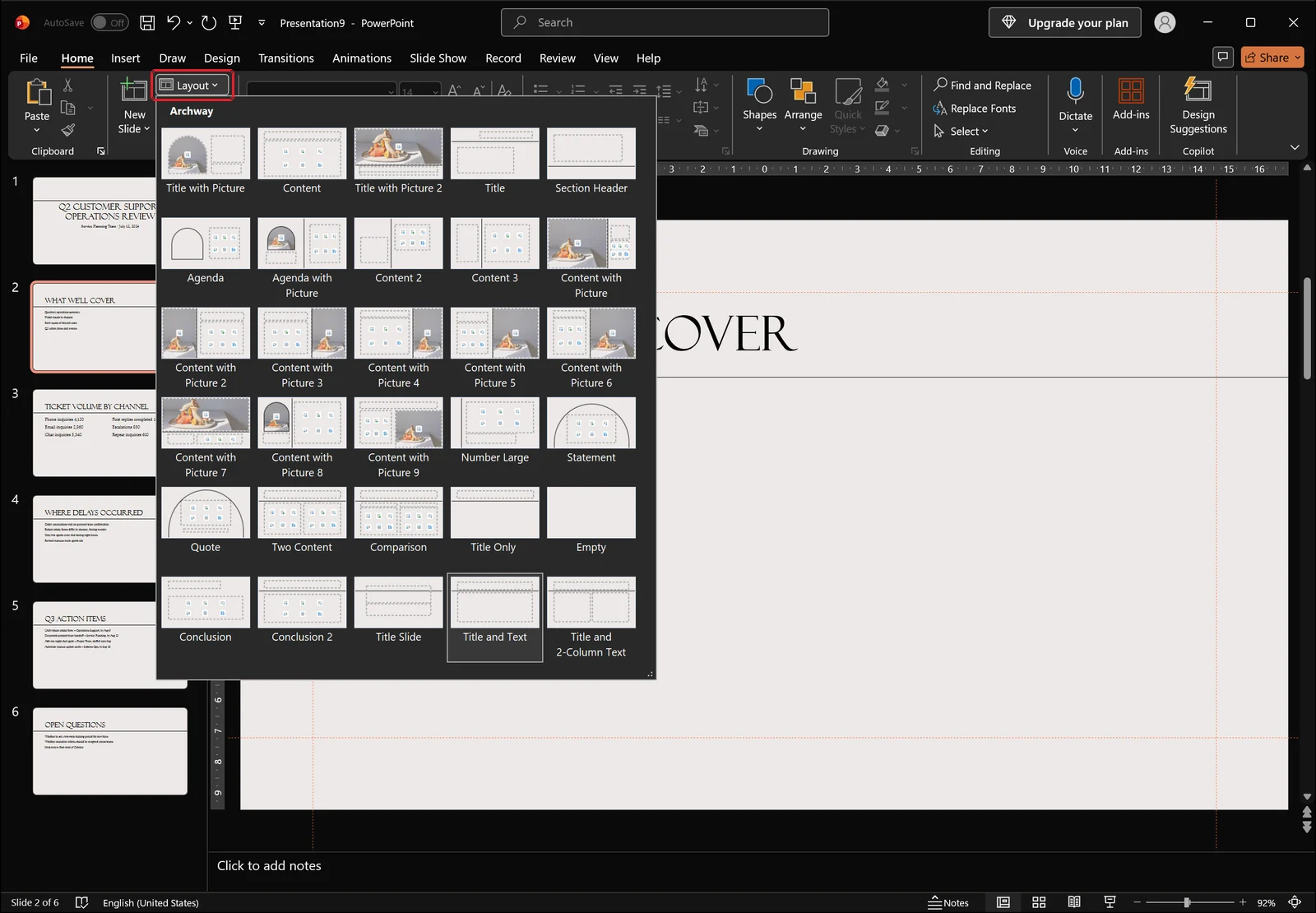 PowerPoint Home tab with the slide Layout gallery expanded showing layout thumbnails, and a red box highlighting the Layout button.