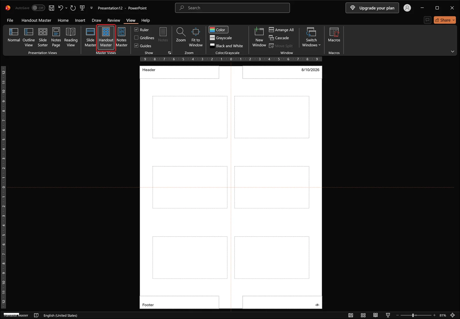PowerPoint in Handout Master view showing a handout page with slide frames and header, footer and page number placeholders, with a red box on the Handout Master button.