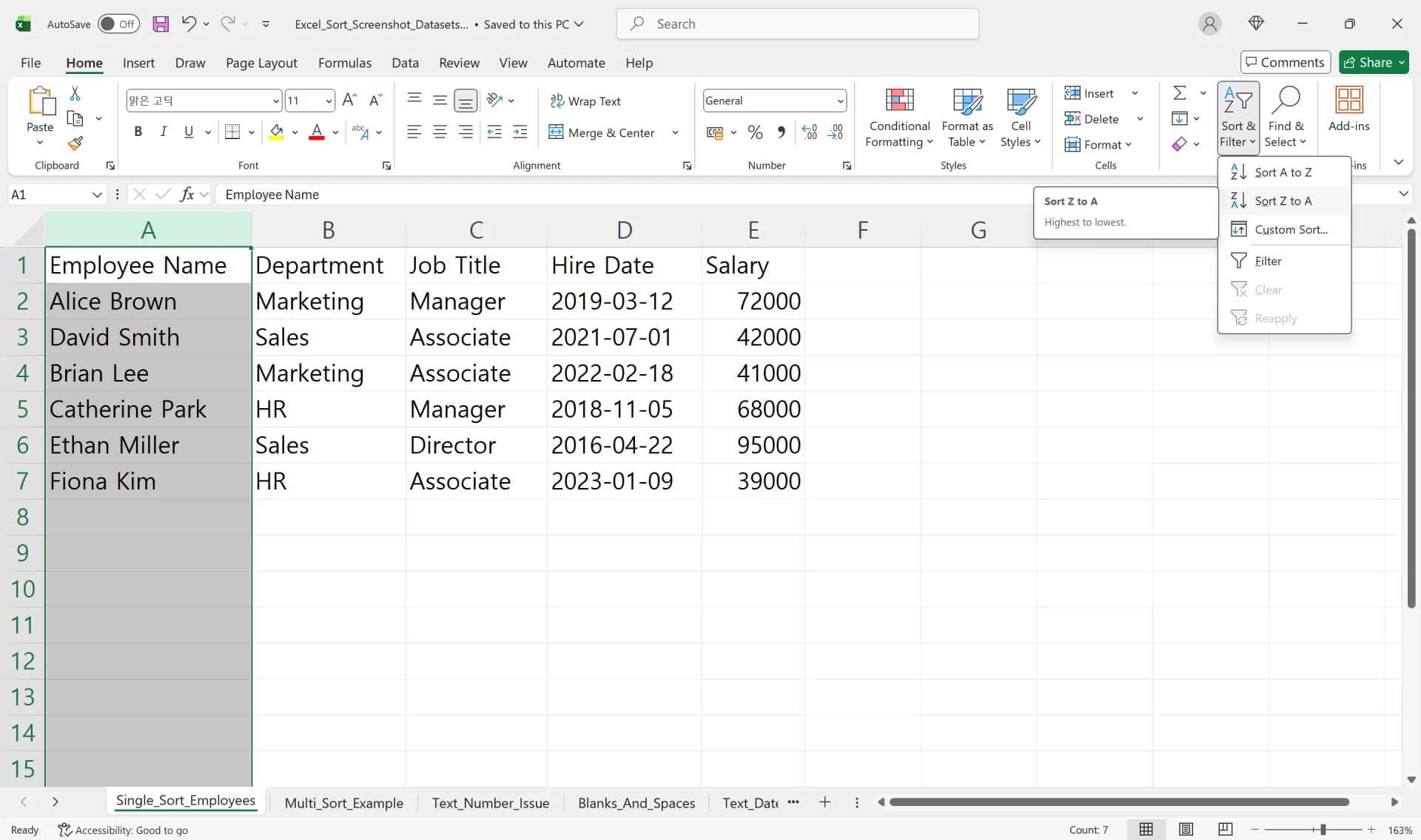 Excel Sort and Filter menu showing Sort Z to A option on an employee data table