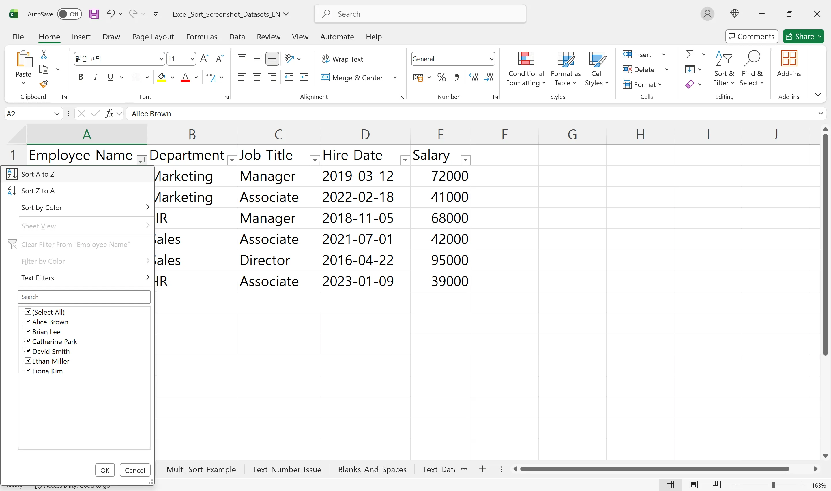 Column filter dropdown with Sort A to Z and Sort Z to A options for Employee Name
