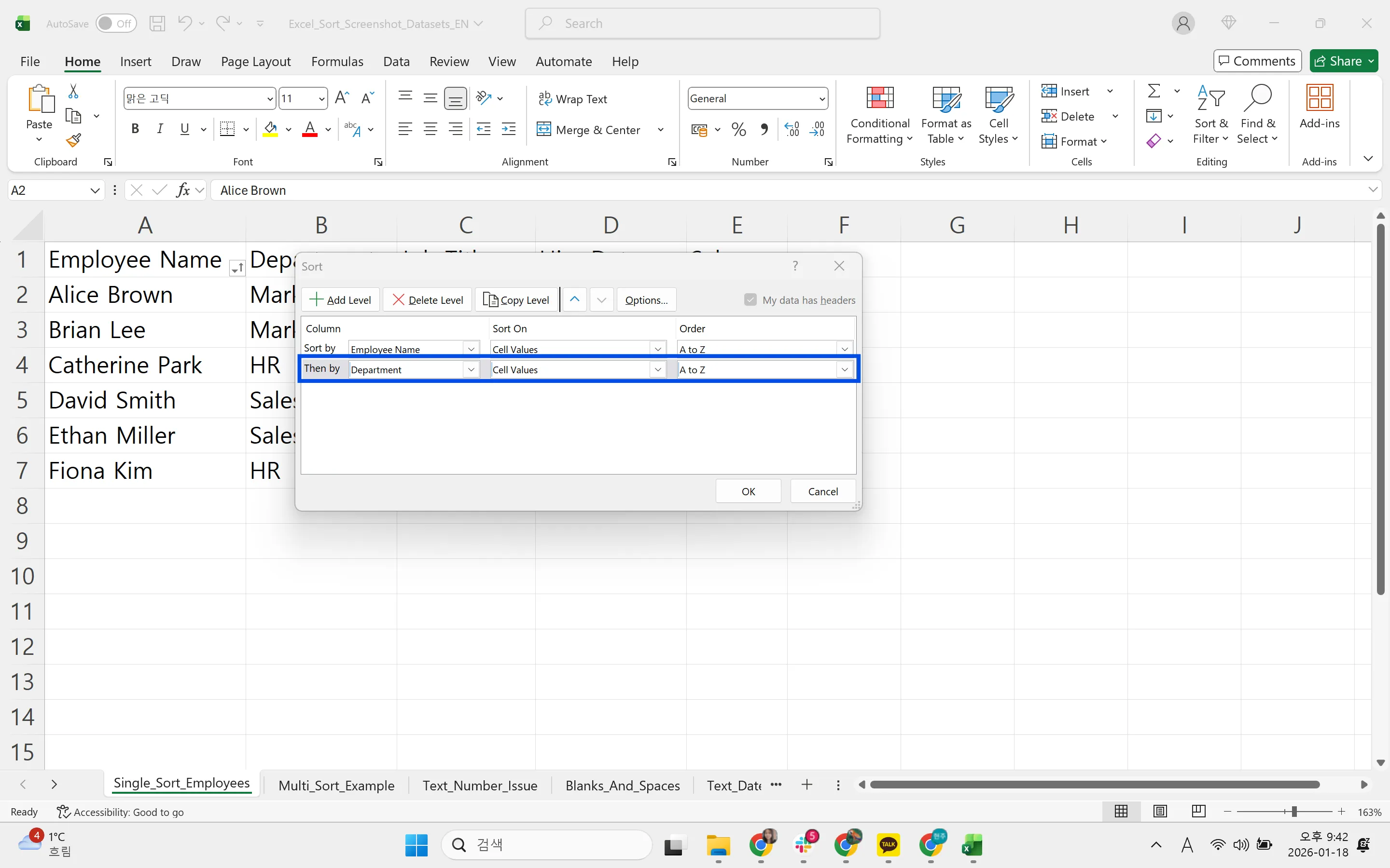 Custom Sort dialog sorting by Employee Name then by Department both A to Z