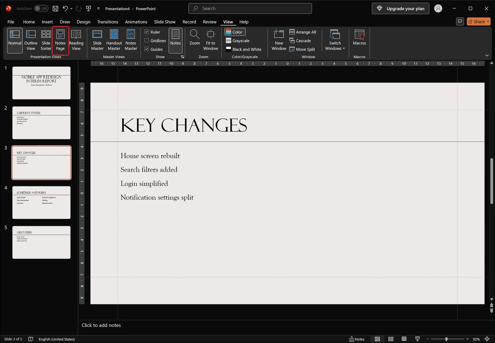 PowerPoint View tab with the Notes Page button highlighted by a red box