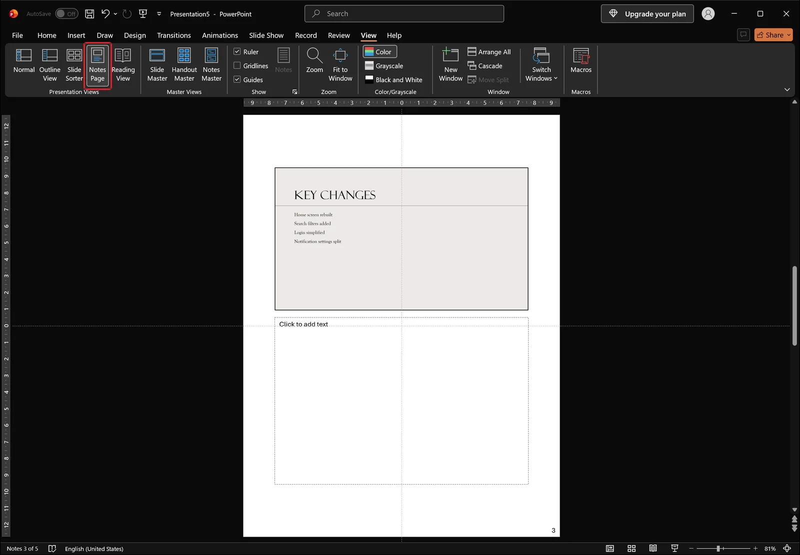 Notes Page view showing a reduced slide image on the top half and an empty notes placeholder reading "Click to add text" on the bottom half of a printable page