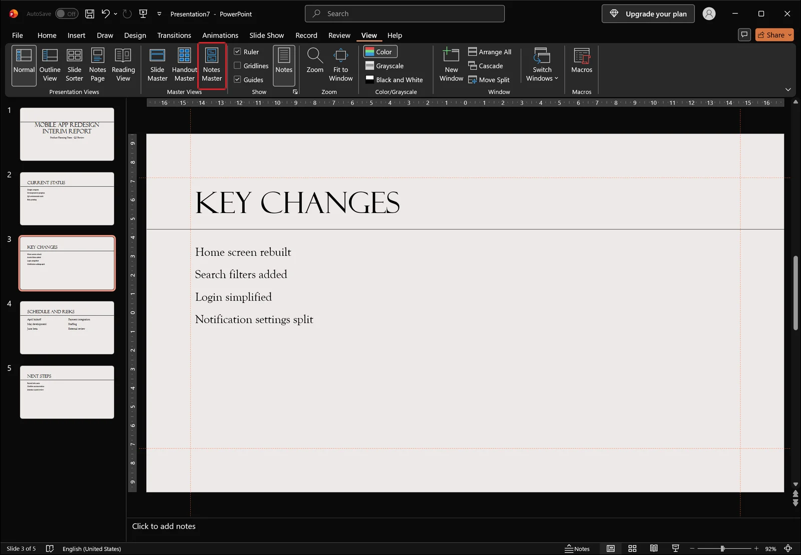 PowerPoint View tab with the Notes Master button highlighted by a red box