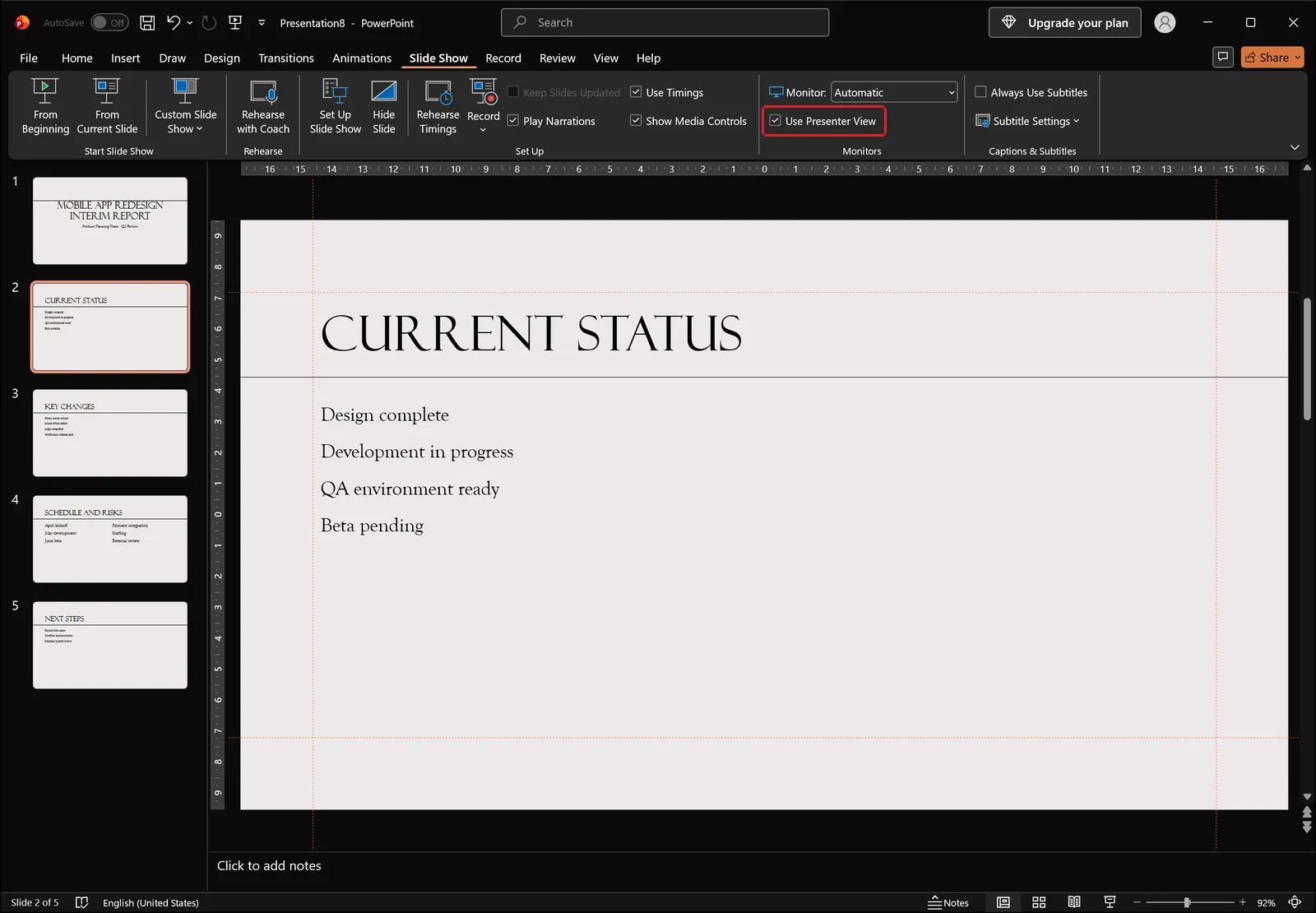 PowerPoint Slide Show tab with the Use Presenter View checkbox highlighted by a red box