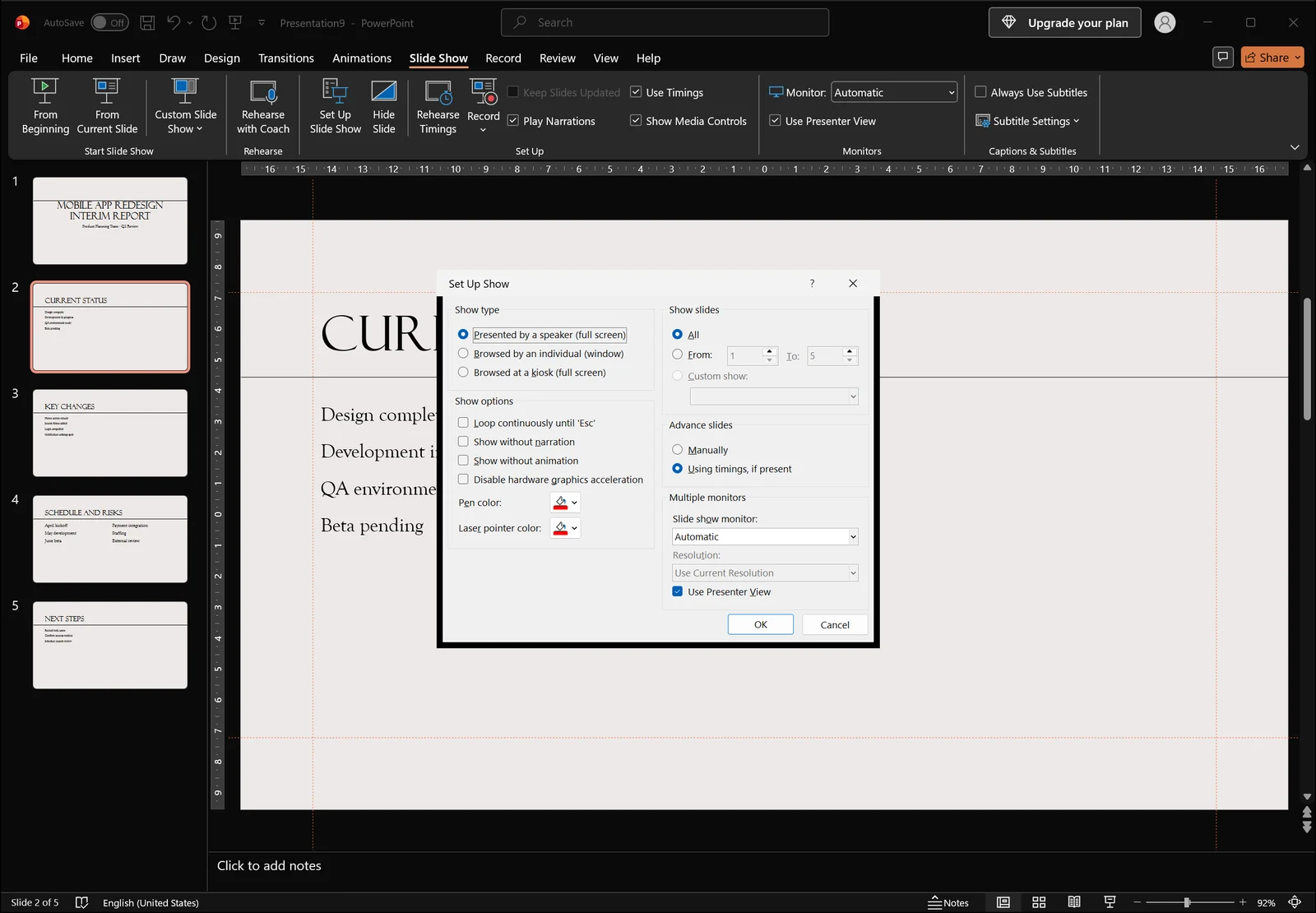 Set Up Show dialog open in PowerPoint showing show type, slide range and multiple monitor options