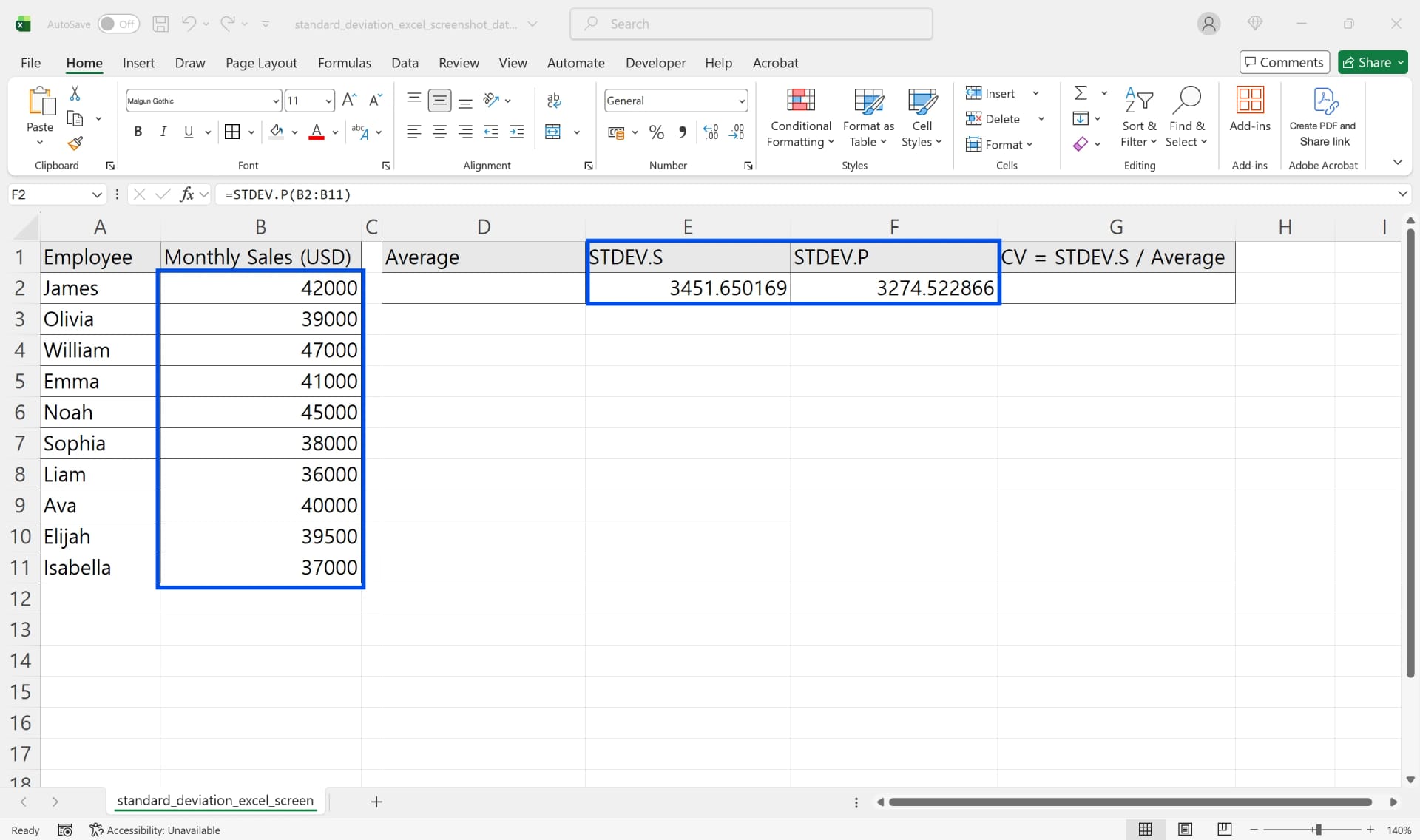 STDEV.S 결과 3451.650169 옆 F2 칸에 STDEV.P 결과 3274.522866이 나란히 표시되고 두 칸이 함께 강조된 화면