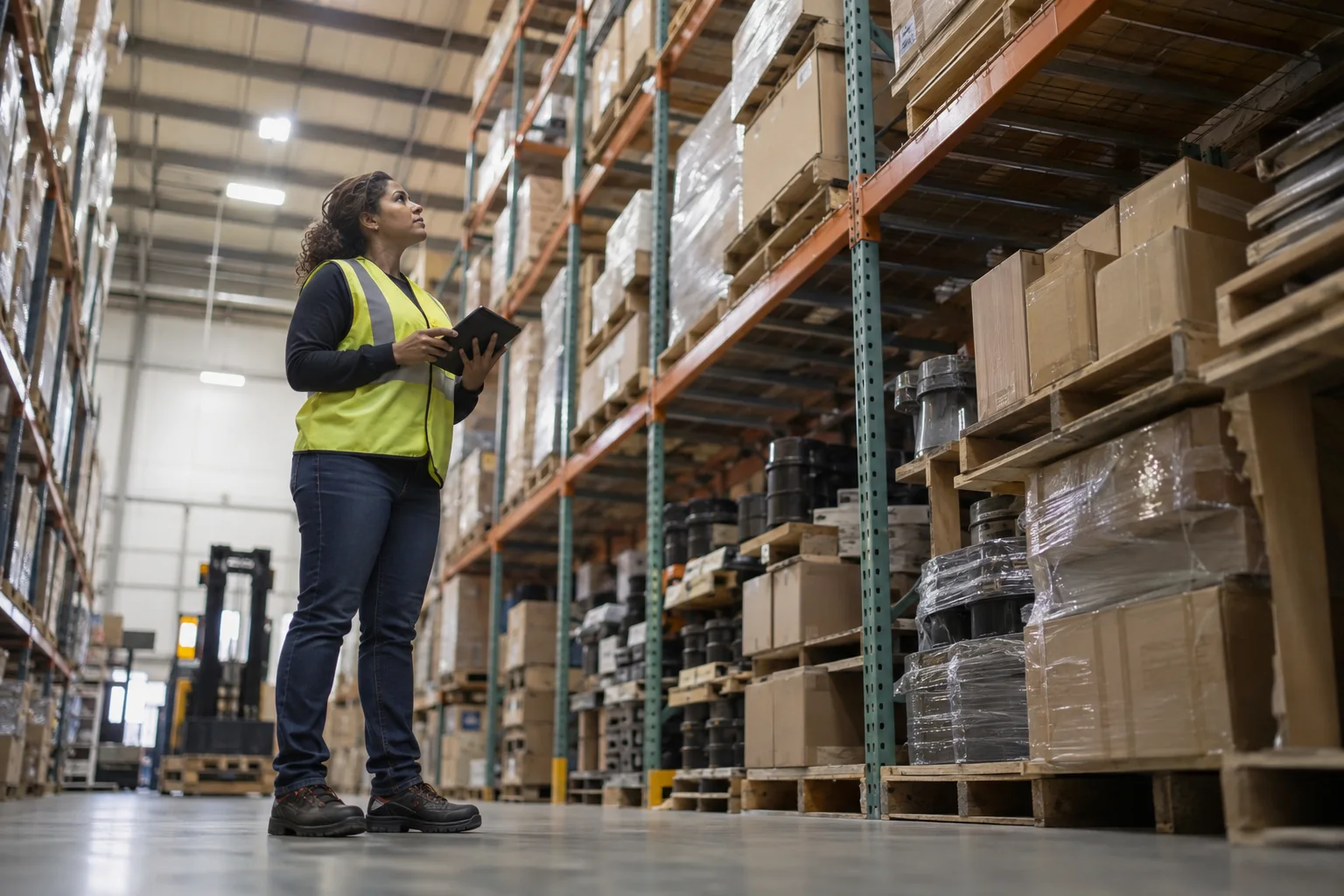 Inventory planner with a tablet looking up at tall pallet racks of boxed parts in a warehouse aisle