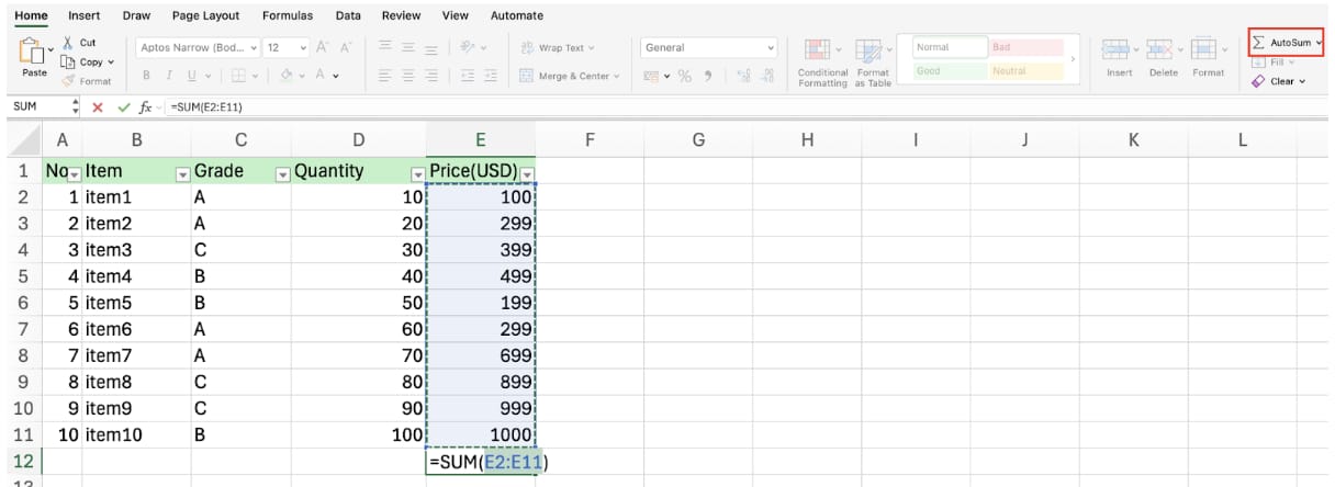 sum-column-excel step illustration