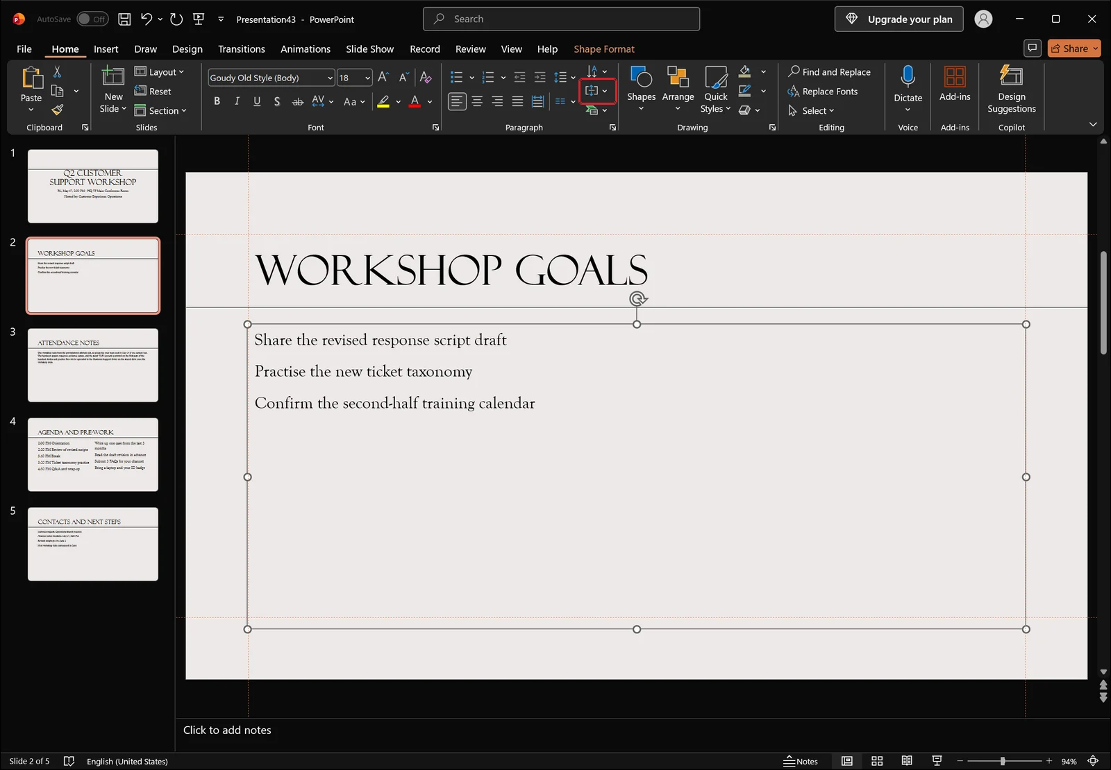 Full PowerPoint window on the Home tab with the Align Text button in the Paragraph group ringed in red — the middle button in the right-hand column beside line spacing and text direction