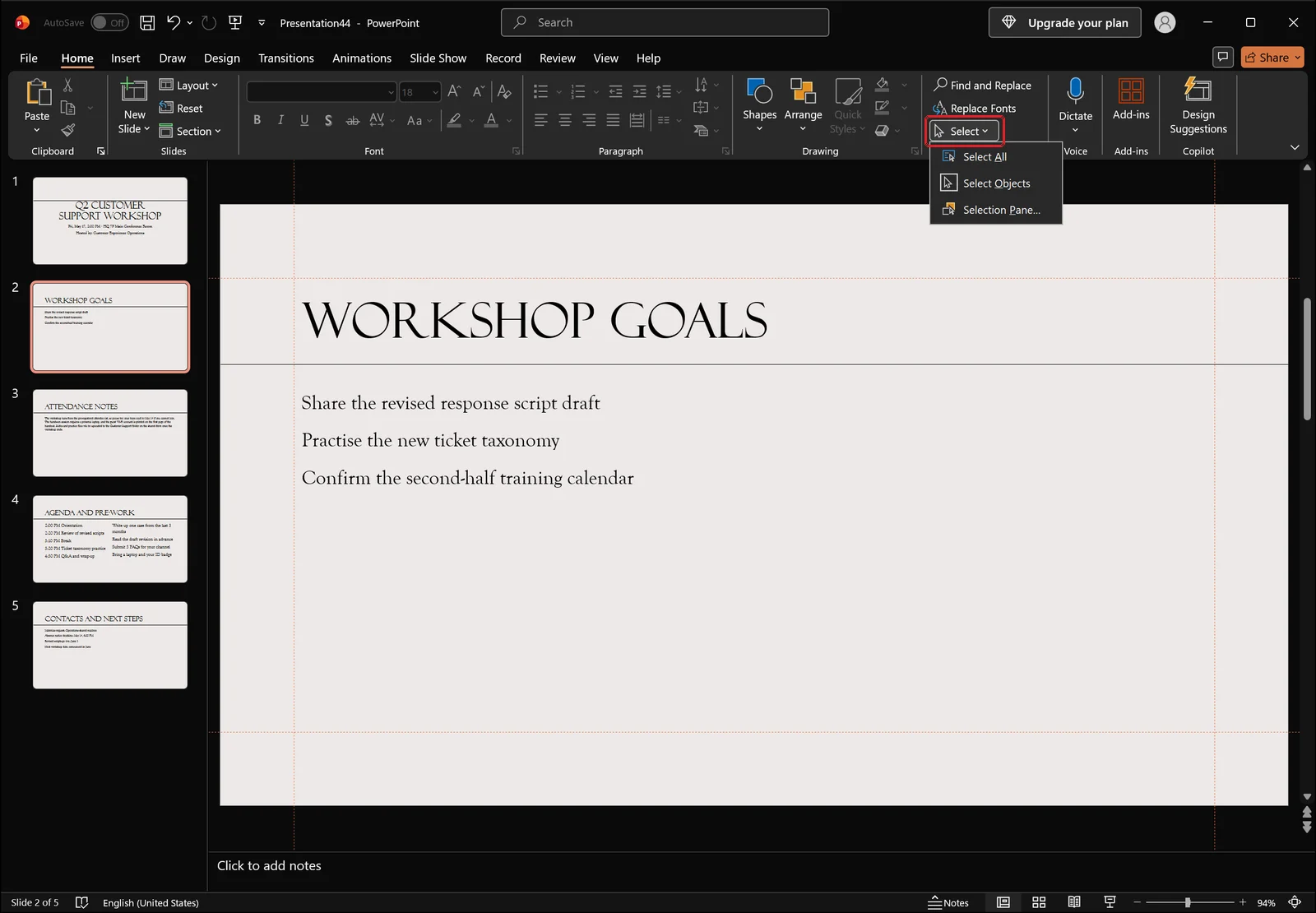 PowerPoint Home tab with the Select dropdown open showing select all, selection pane and select objects commands