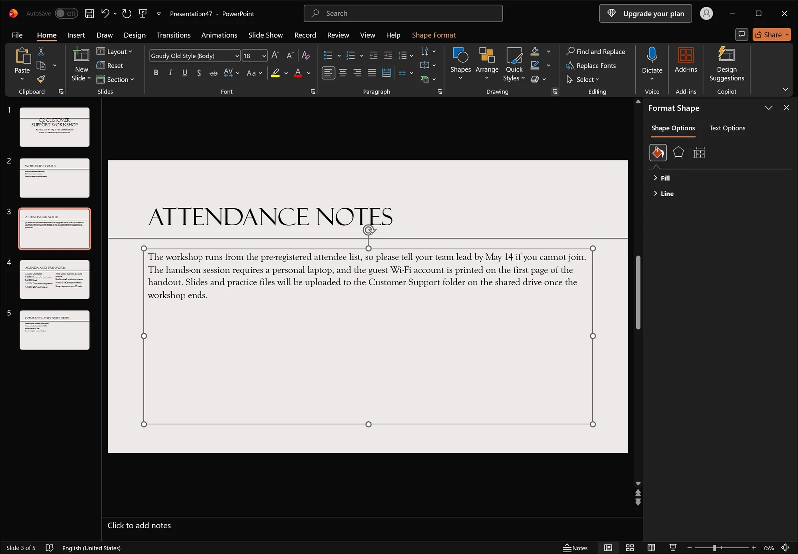 Format Shape pane docked at the right on the Shape Options tab showing the collapsed Fill and Line sections, with a Text Options tab alongside it