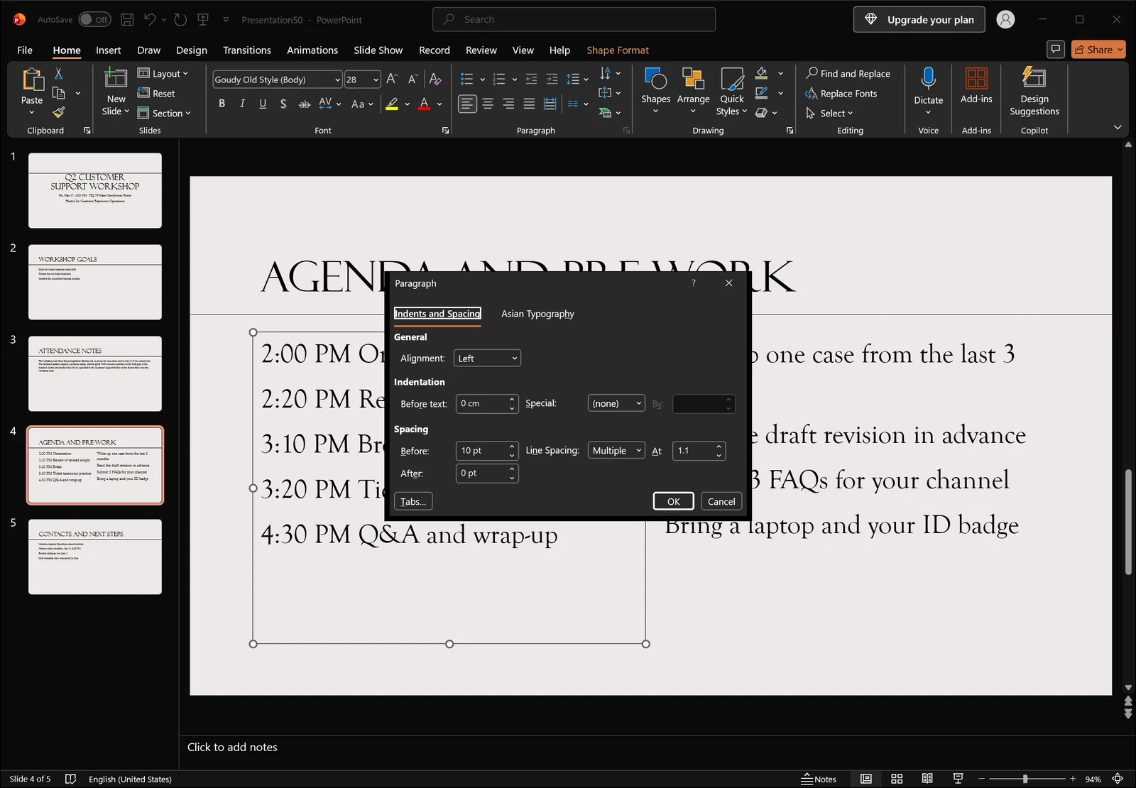 PowerPoint Paragraph dialog box open showing the alignment dropdown, indentation and spacing controls