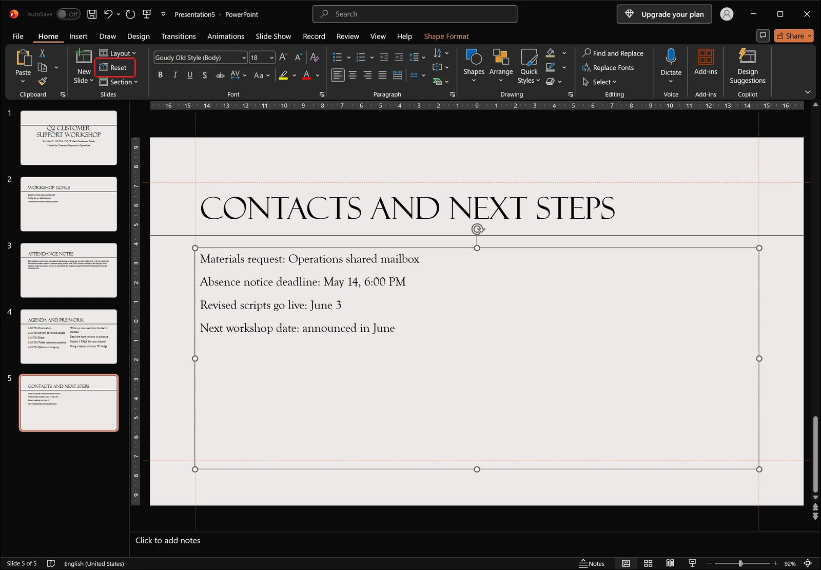 PowerPoint Home tab with a misplaced placeholder selected and the Reset button highlighted by a red box