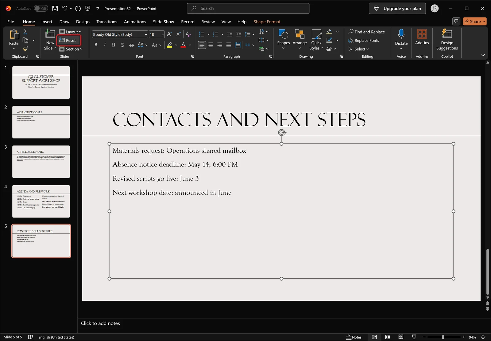 PowerPoint on the Home tab just before the click, with the Reset button in the Slides group outlined by a red highlight box, the content placeholder still selected showing its sizing and rotation handles, and the contextual Shape Format tab also present