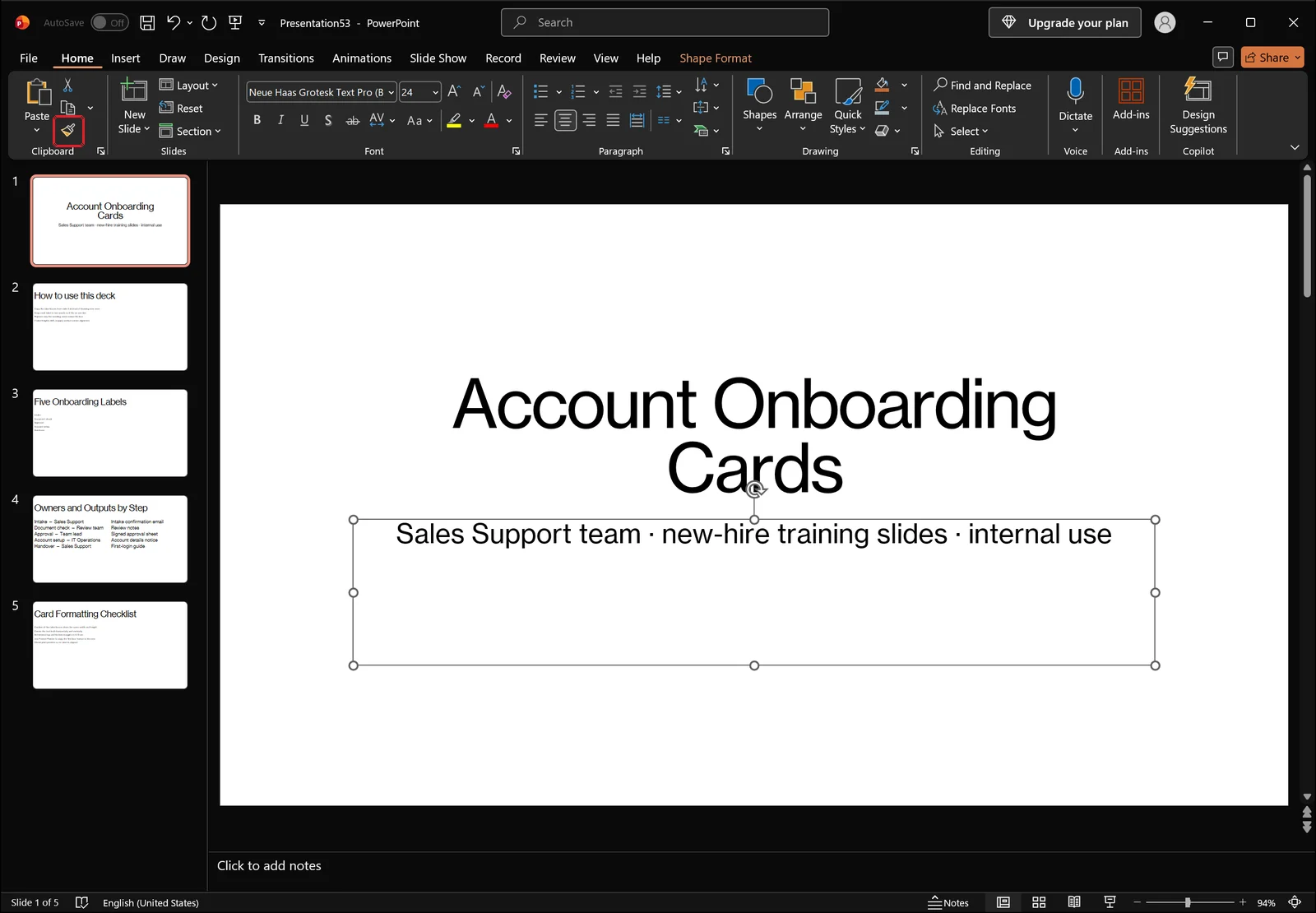 PowerPoint Home tab on slide 1, a title slide reading "Account Onboarding Cards" with the subtitle box "Sales Support team · new-hire training slides · internal use" selected, and the Format Painter paintbrush icon beneath Paste in the Clipboard group ringed in red, the icon carrying no visible text label