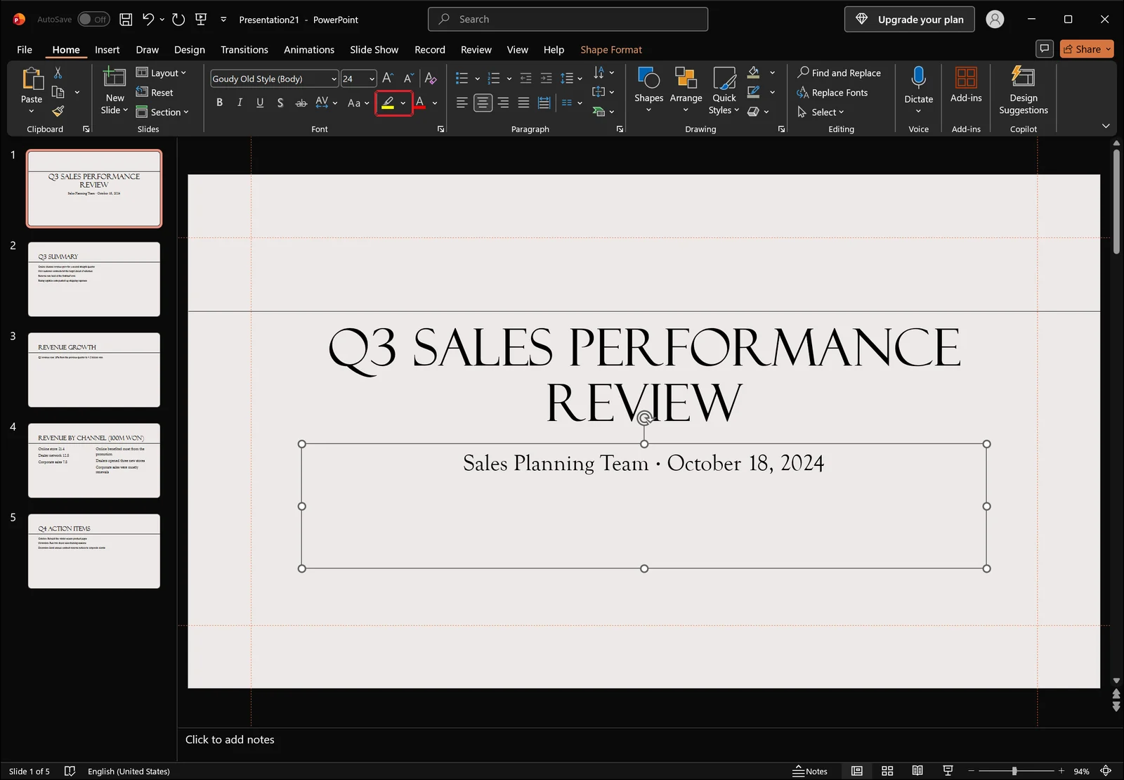 PowerPoint Home tab with a red box on the Text Highlight Color button in the Font group, while the slide's body placeholder is selected with handles.