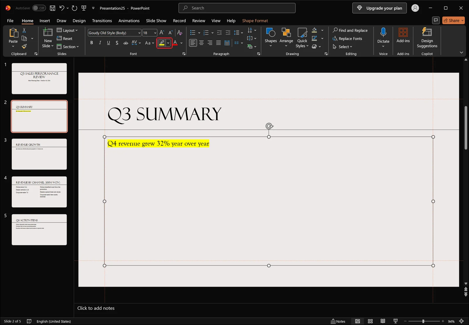 PowerPoint slide text now carrying a bright highlight band behind the letters after clicking the Text Highlight Color button, which is marked with a red box.