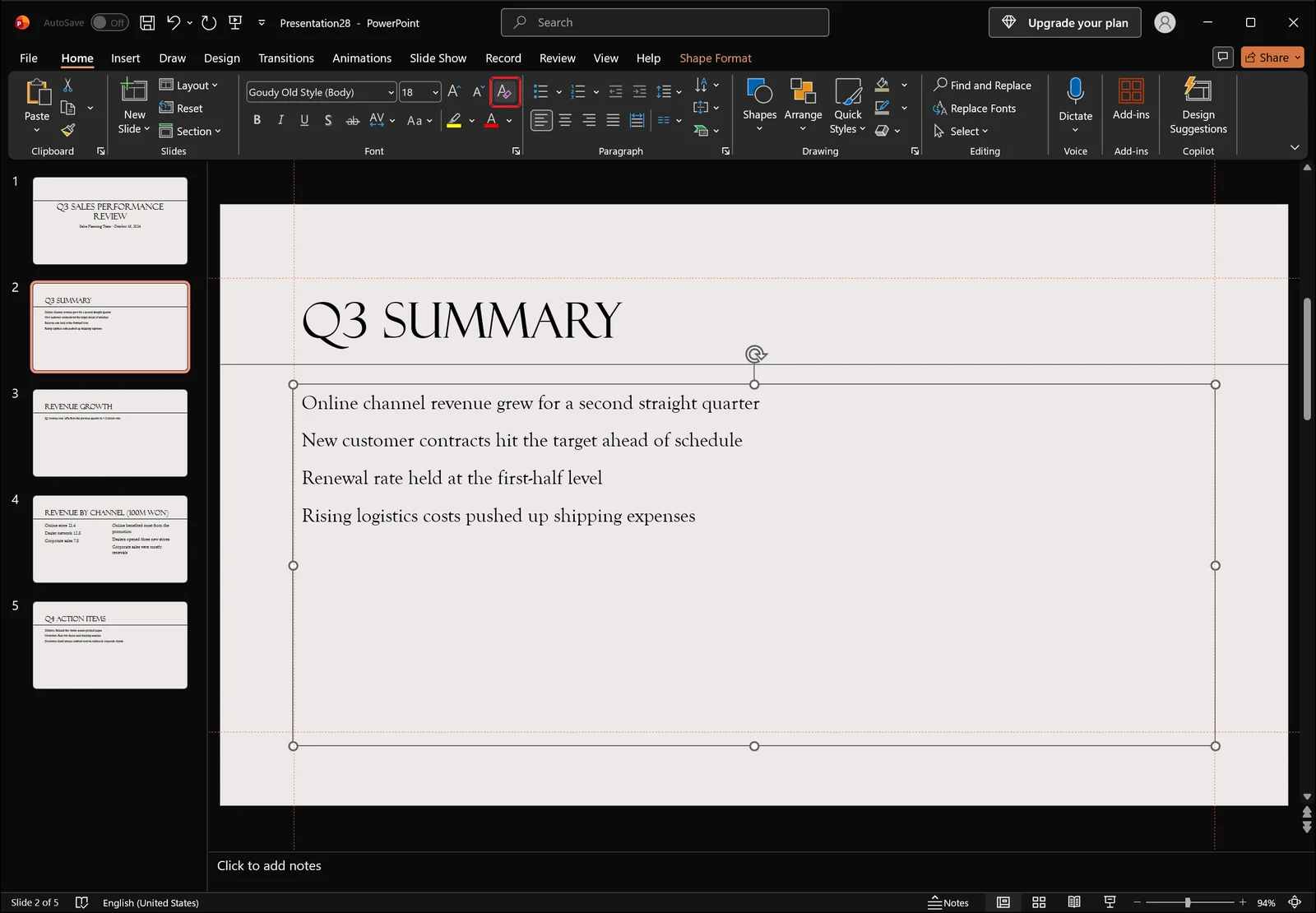 PowerPoint slide text returned to plain default formatting with no highlight after clicking Clear Formatting, which is marked with a red box.
