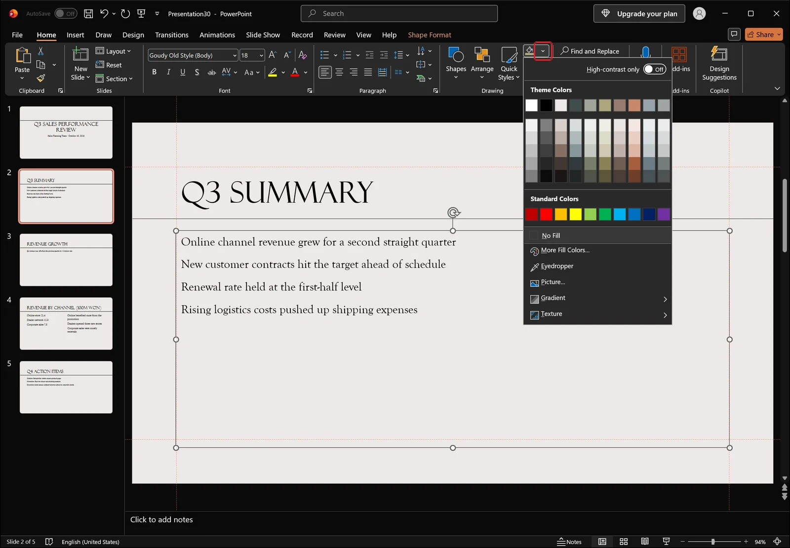 PowerPoint Home tab with the Shape Fill color dropdown open showing theme colors and a no-fill command, marked with a red box.