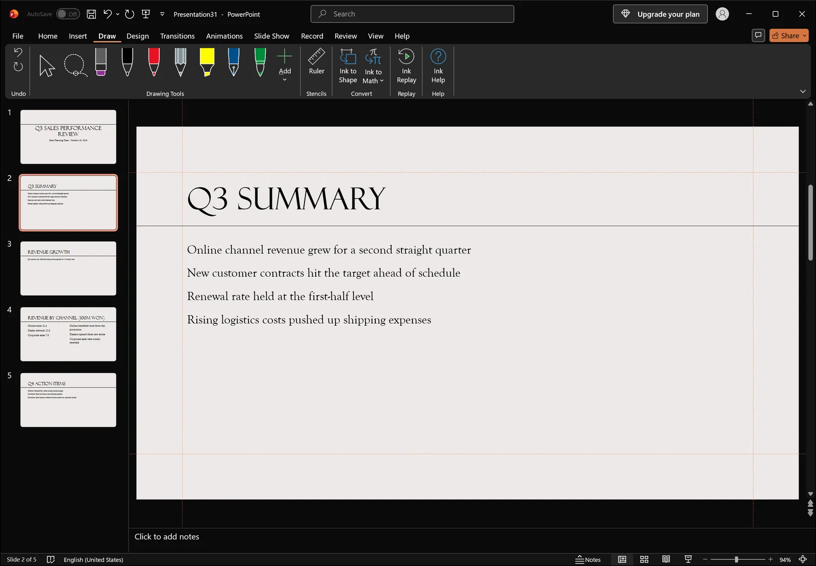 PowerPoint Draw tab active showing the ink tool gallery with pen, pencil and highlighter entries above the editing slide.