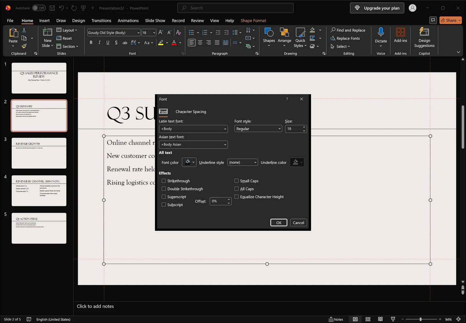 PowerPoint Font dialog open over the slide showing font color, underline style and color options and effect check boxes.