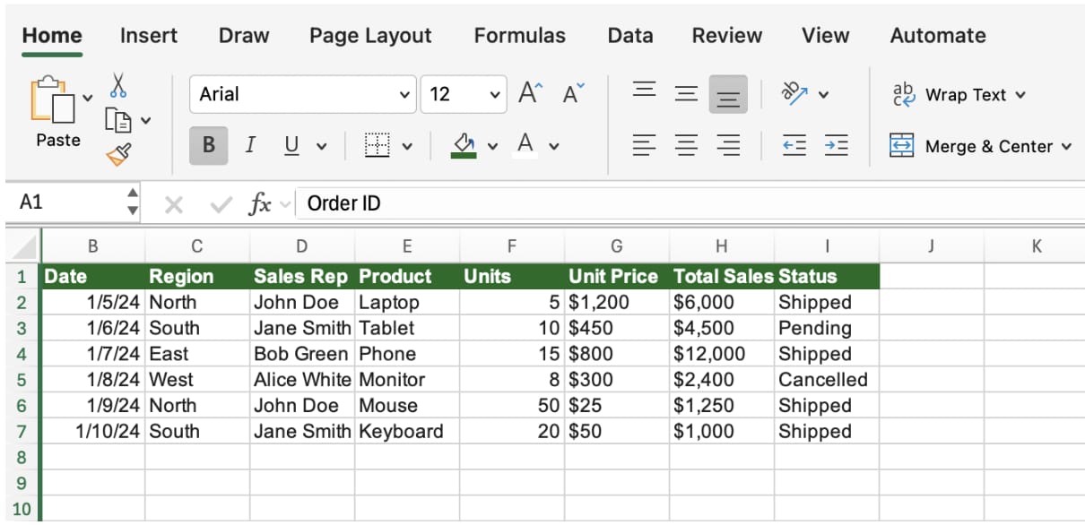 Order sheet in Excel where the column headers start at B because column A is not visible