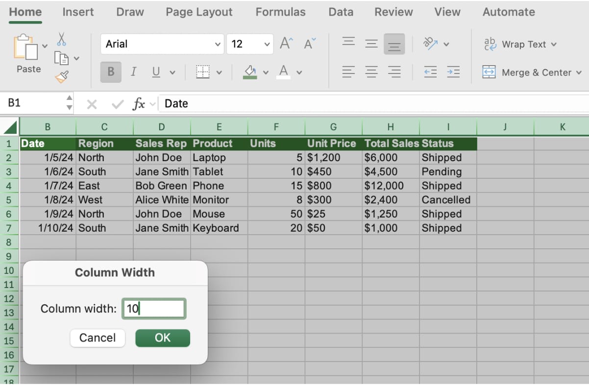 Column Width dialog with 10 entered while the whole sheet is selected