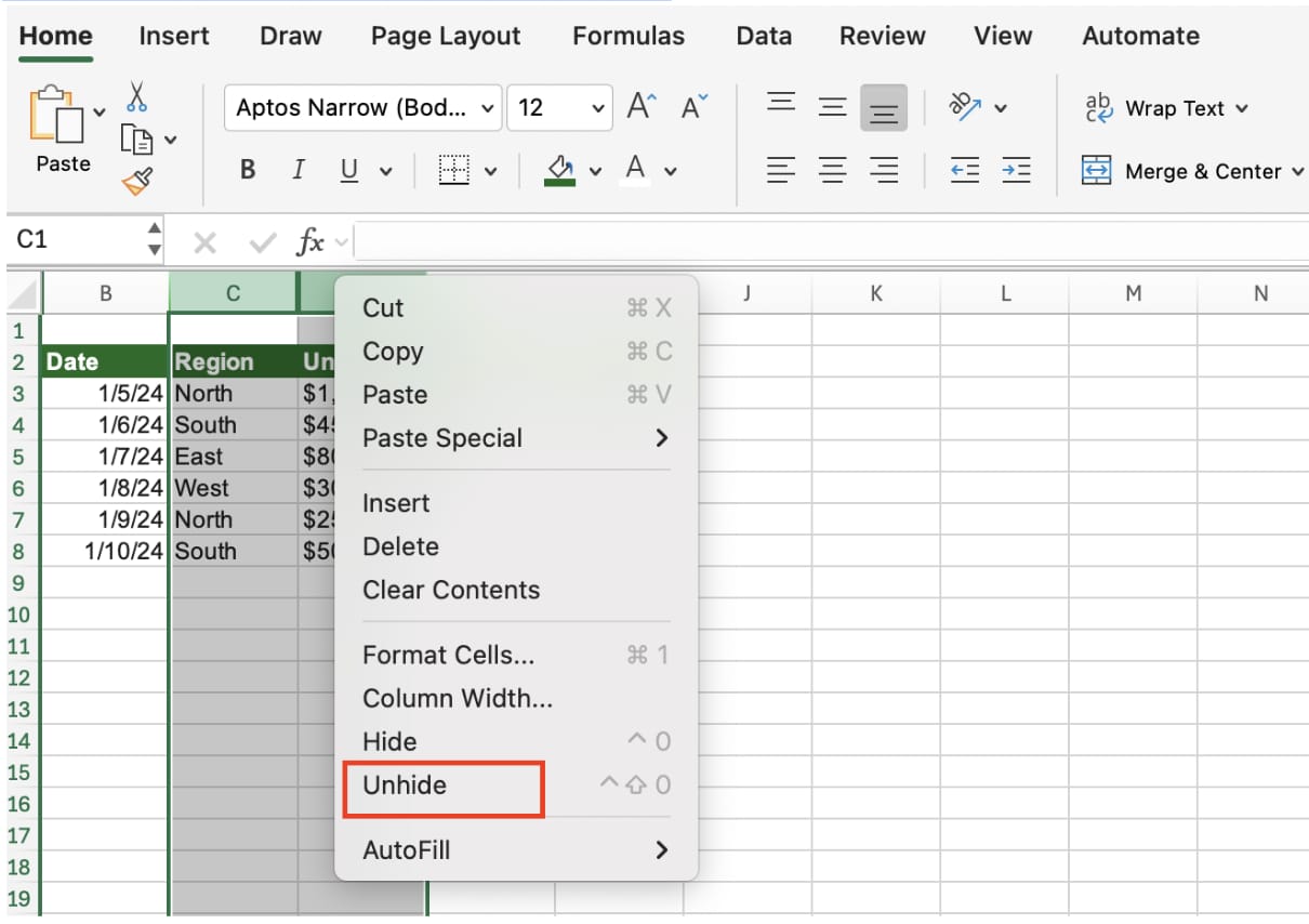 Columns C and G selected around a hidden block, with Unhide outlined in red in the right-click menu of Excel for Mac