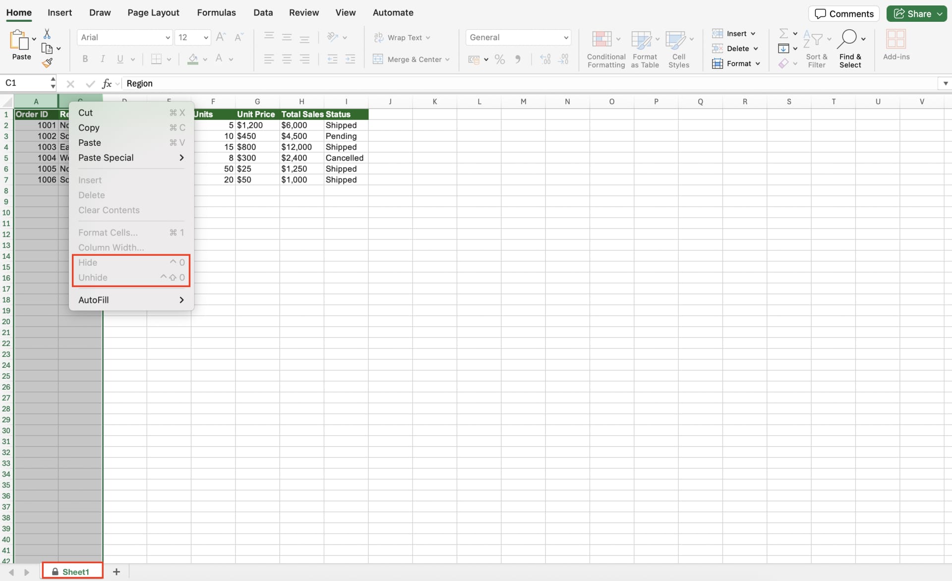 Protected sheet with Hide and Unhide greyed out in the right-click menu and a padlock on the Sheet1 tab