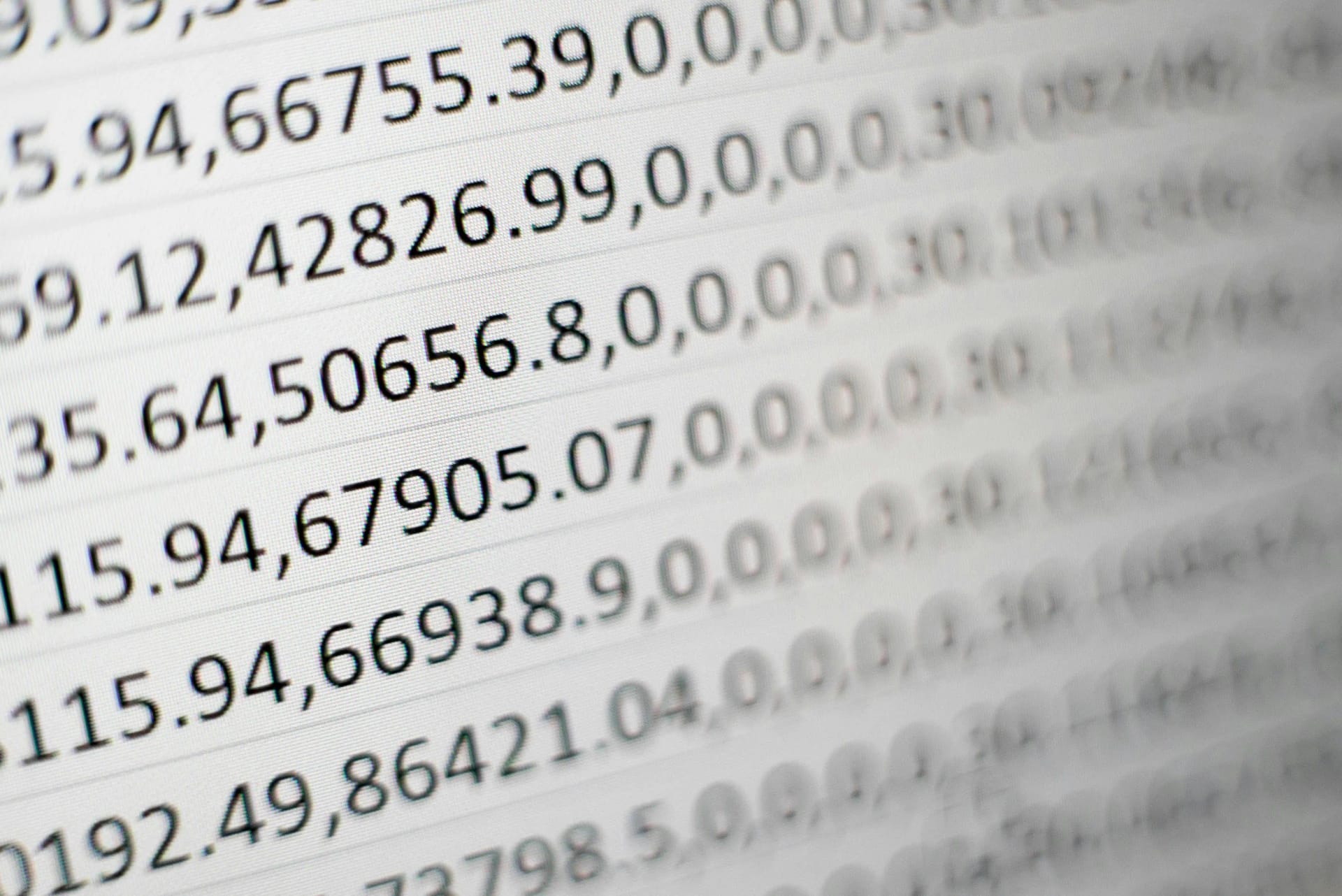 Close-up of spreadsheet cells filled with numerical data