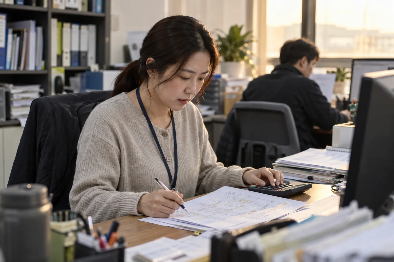 물류 회사 사무실 책상에서 총무 담당 직원이 펜을 들고 주간 근무표 출력물을 계산기 옆에 펼쳐 확인하는 오후 장면