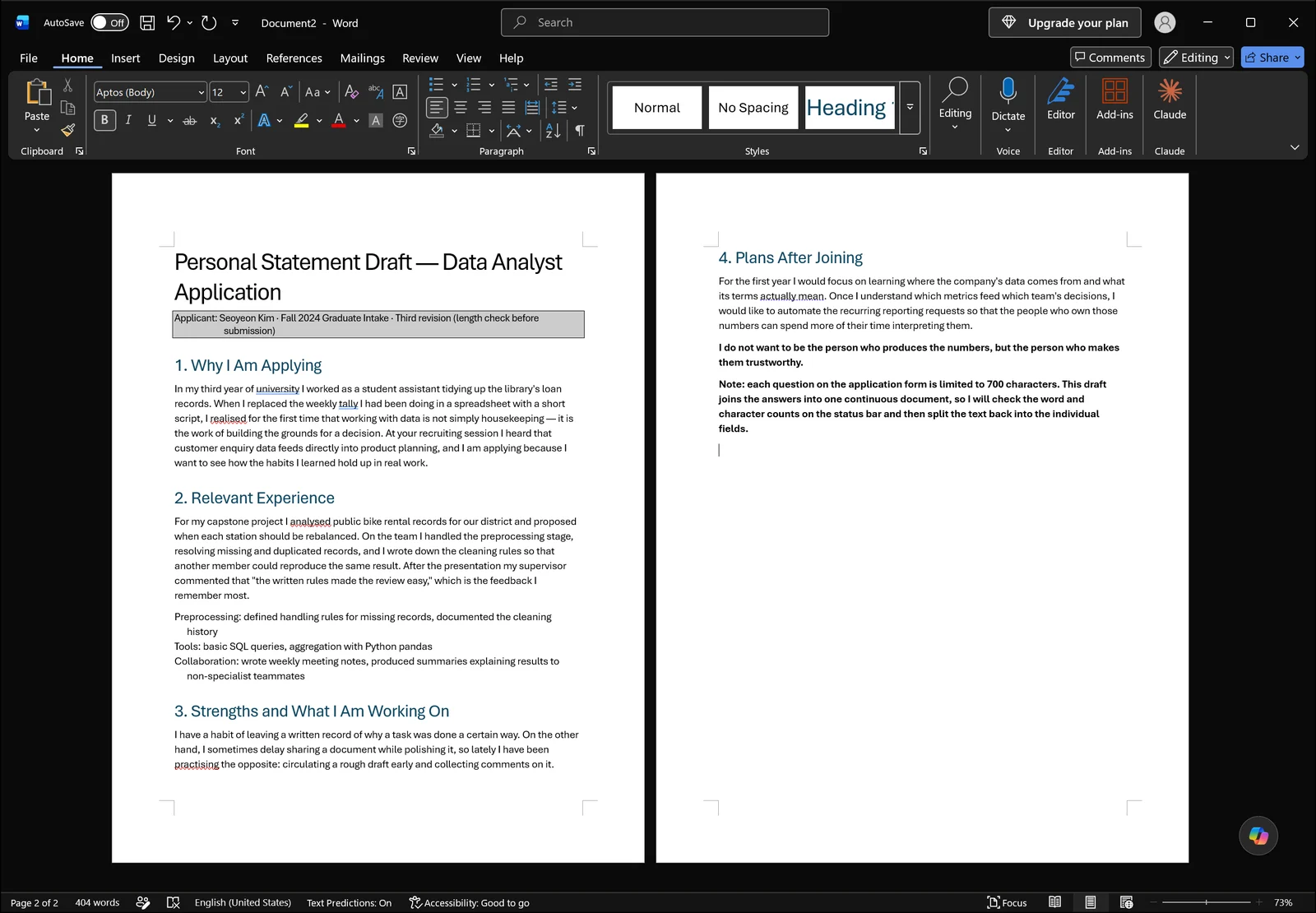 Word Home tab with a draft document and the page and word count readouts visible in the status bar