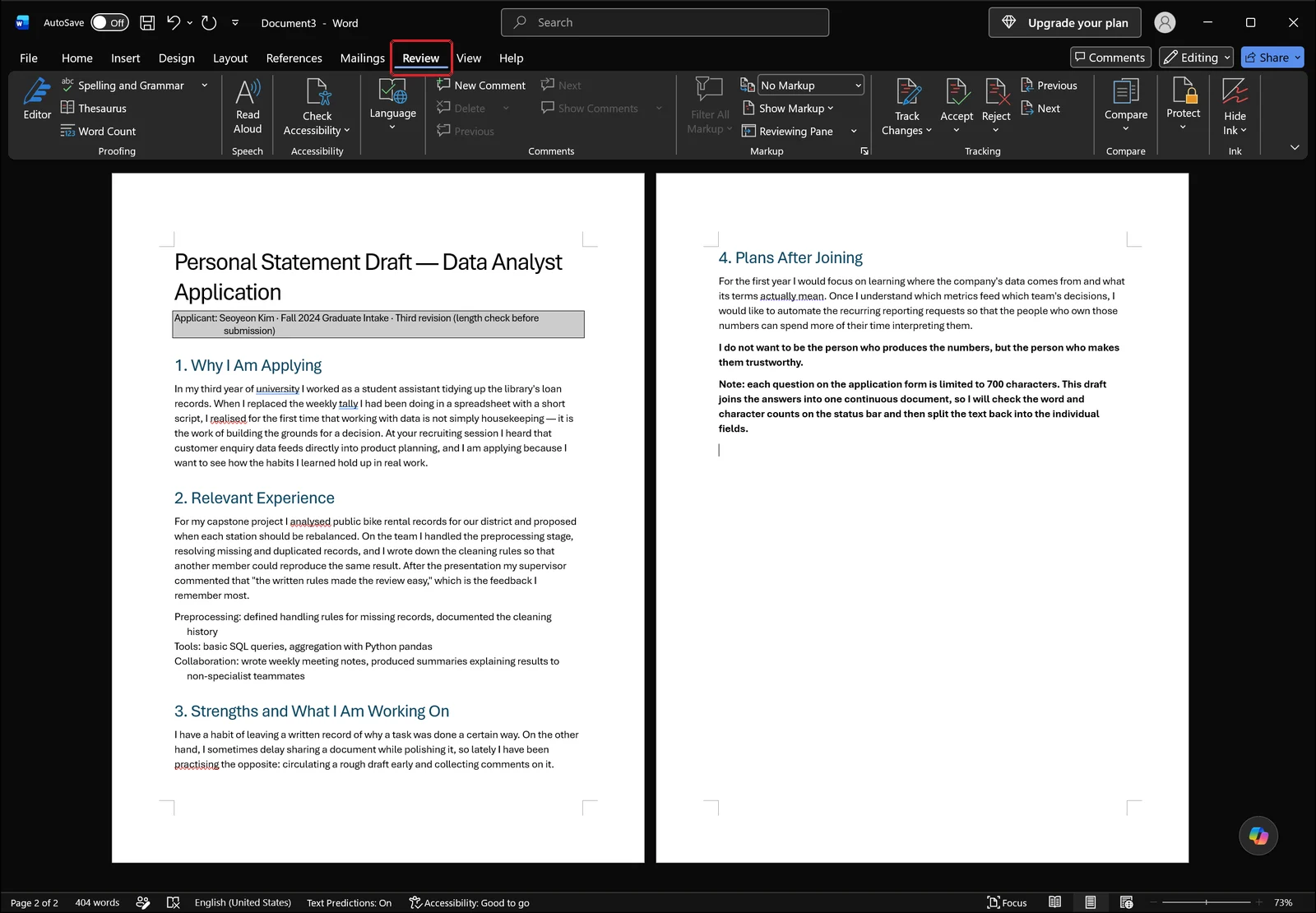 Word ribbon with the Review tab highlighted by a red box and the proofing group visible