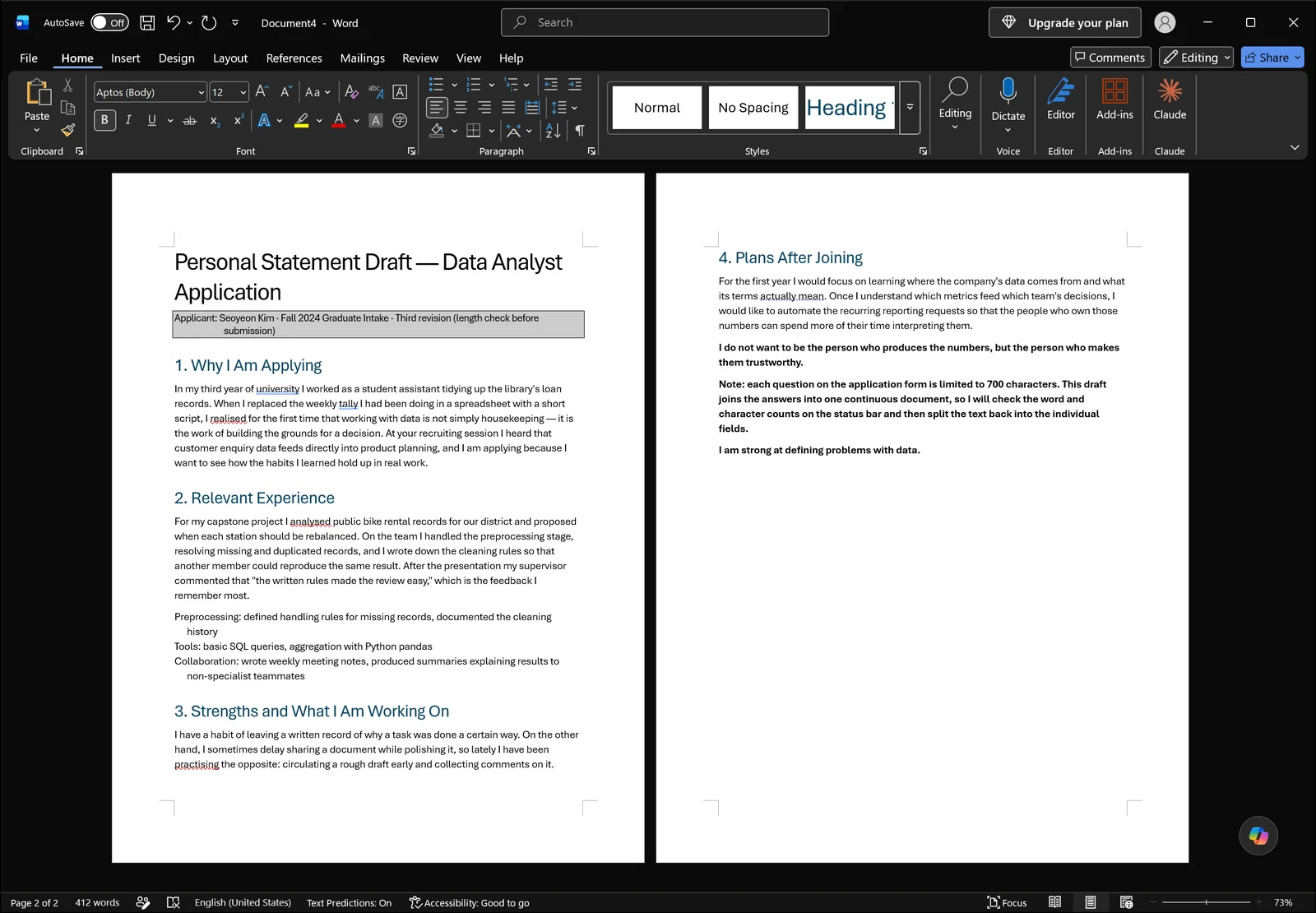 Word document after typing an extra sentence, with the updated word count shown in the status bar