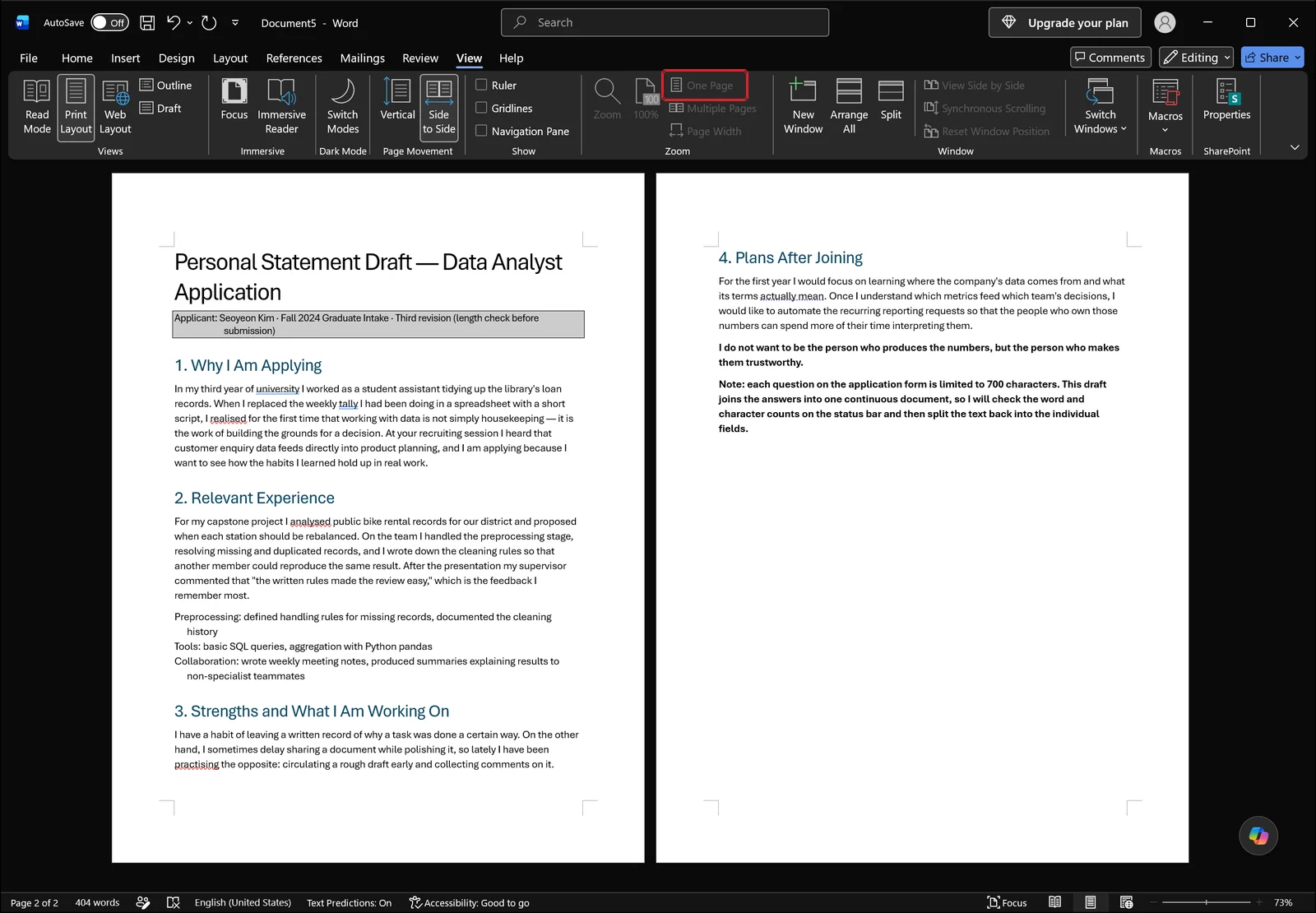 Word View tab with the One Page button in the Zoom group outlined in red, the document showing two pages side by side at 73% zoom and the status bar reading Page 2 of 2 and 404 words