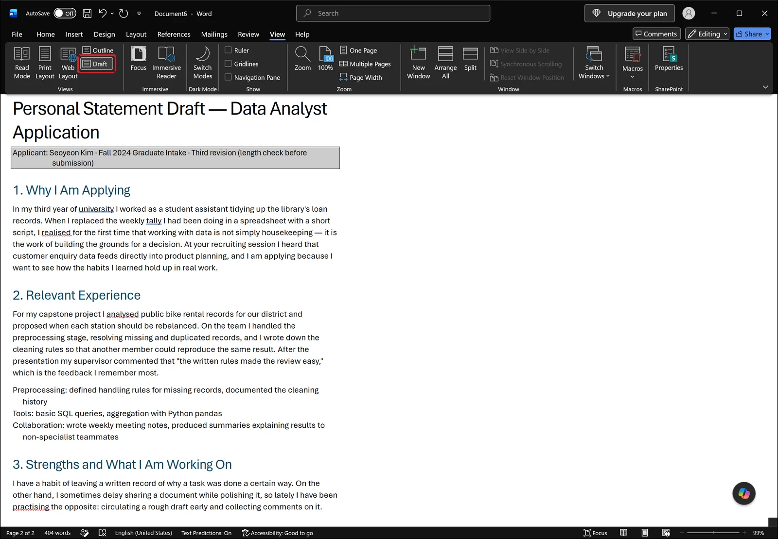 Word in Draft view with continuous text and the word count still shown in the status bar