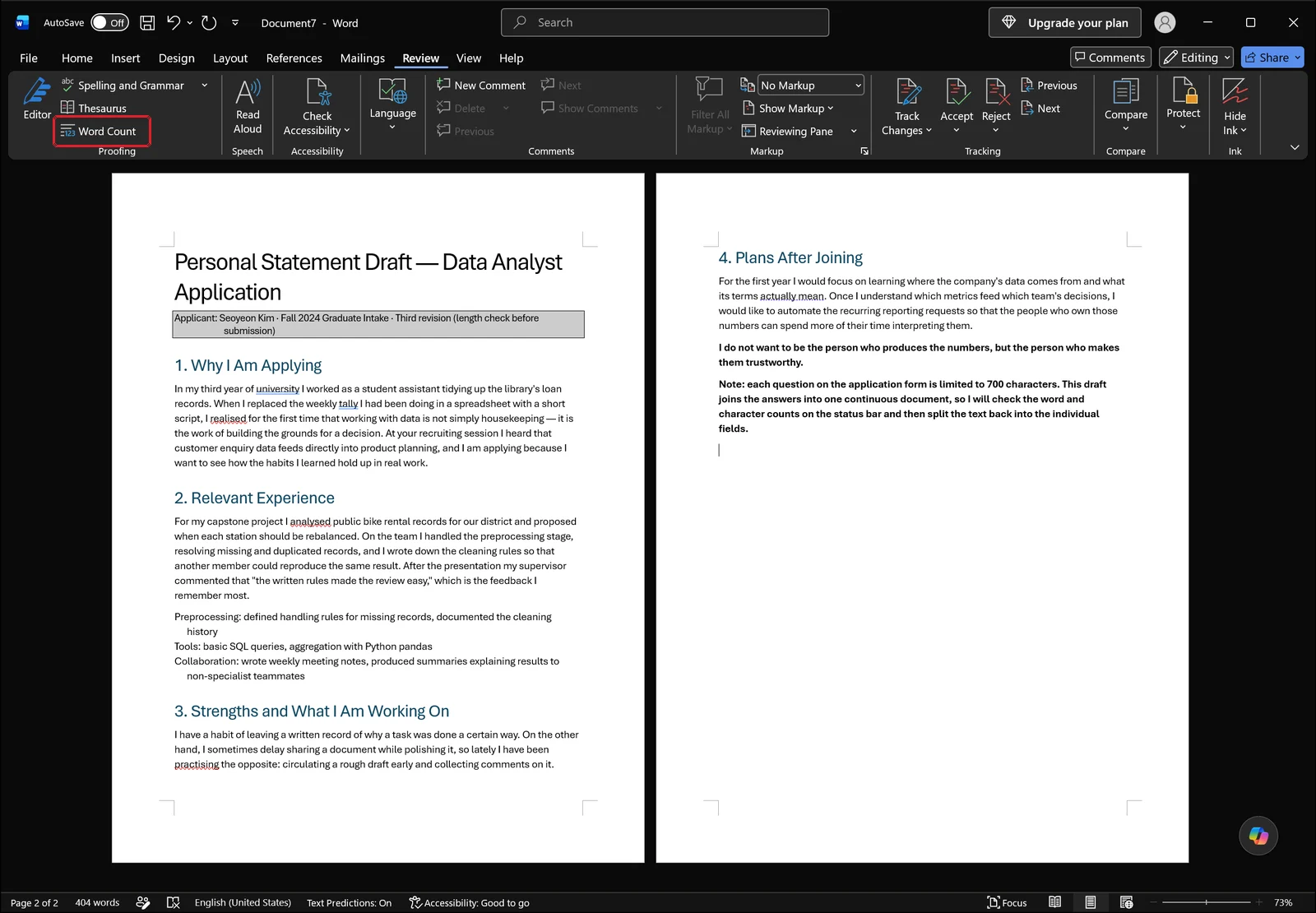 Word Review tab with the Word Count command highlighted by a red box