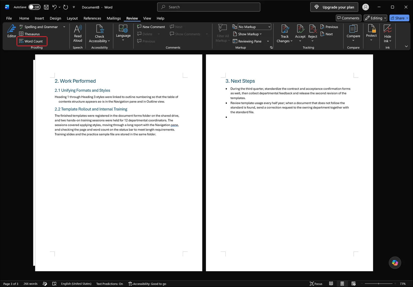 A longer report document in Word with the Review tab open and the Word Count command highlighted