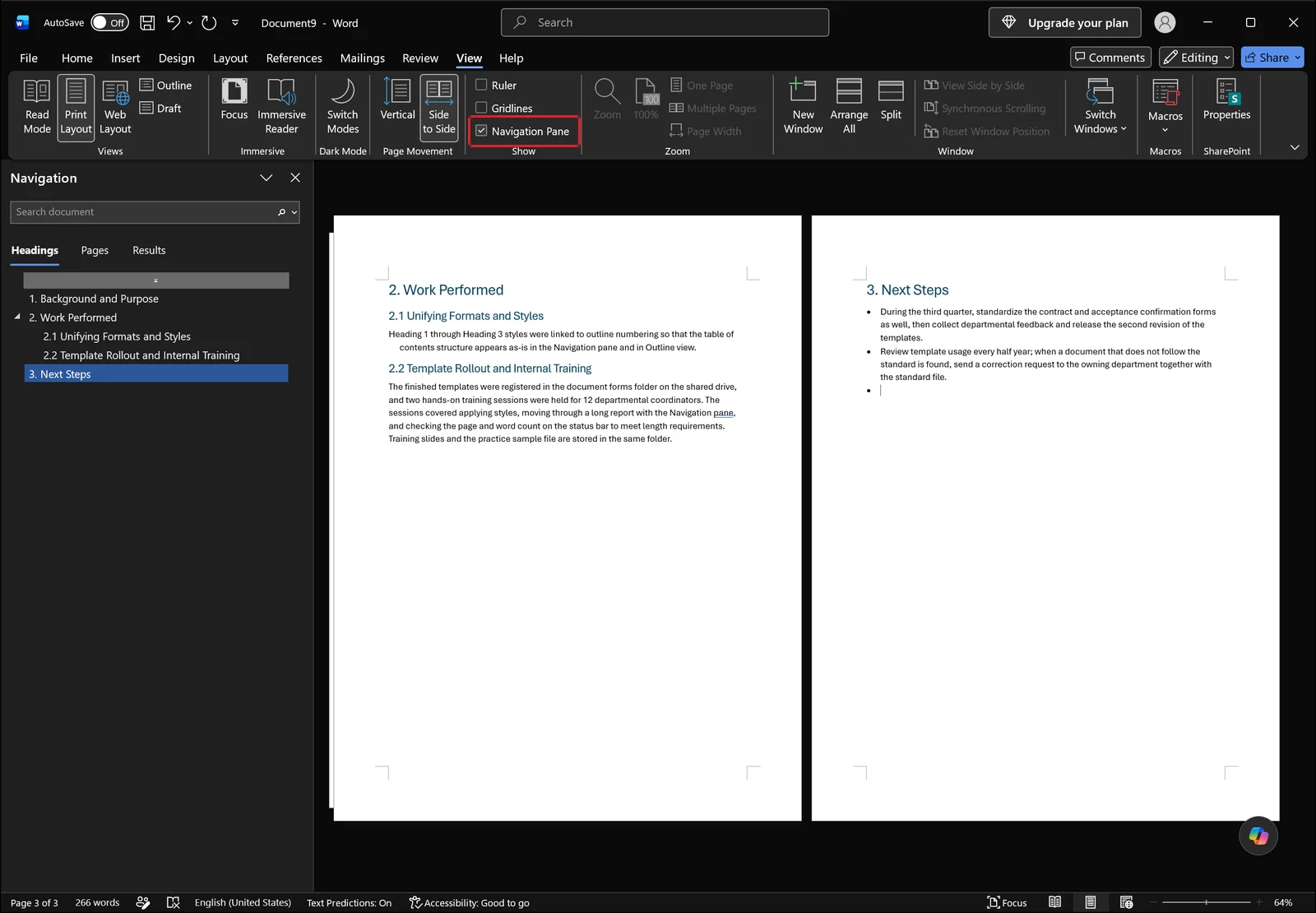 Word with the Navigation pane open listing document headings, Navigation Pane checkbox highlighted