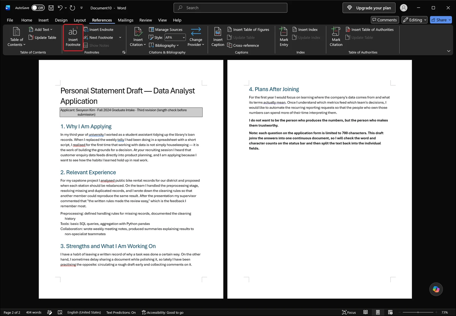 Word References tab with the Insert Footnote command highlighted by a red box