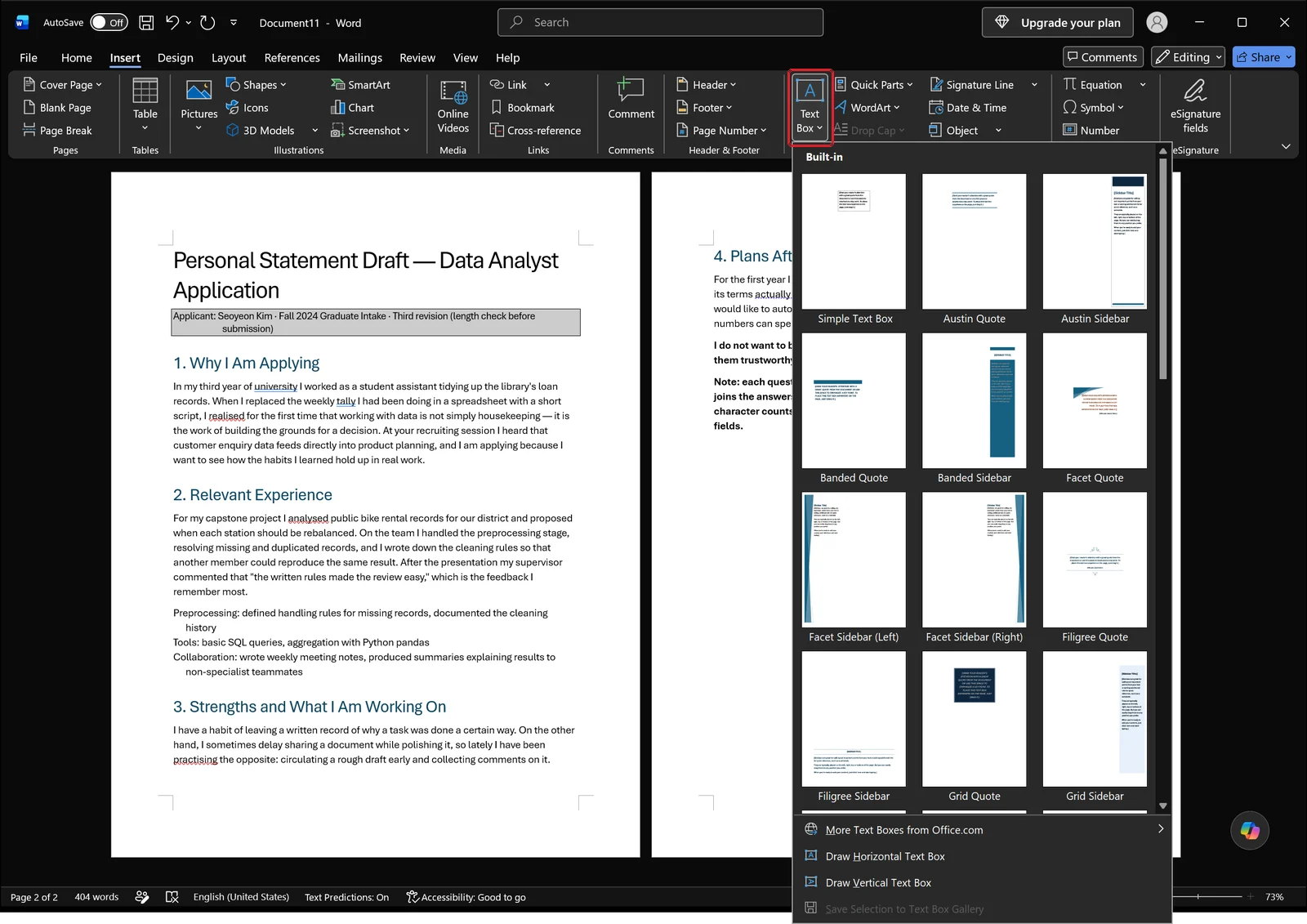 Word Insert tab with the Text Box gallery dropdown open showing built-in text box styles