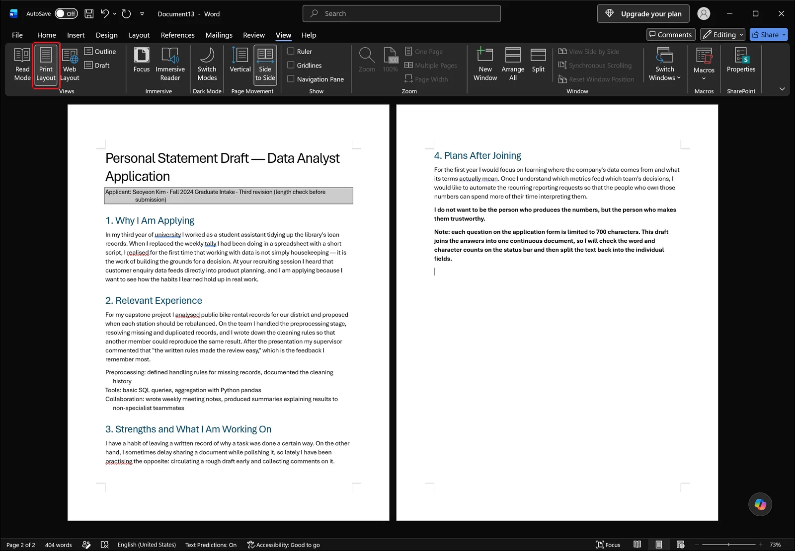 Word returned to Print Layout view with the word count visible again in the status bar