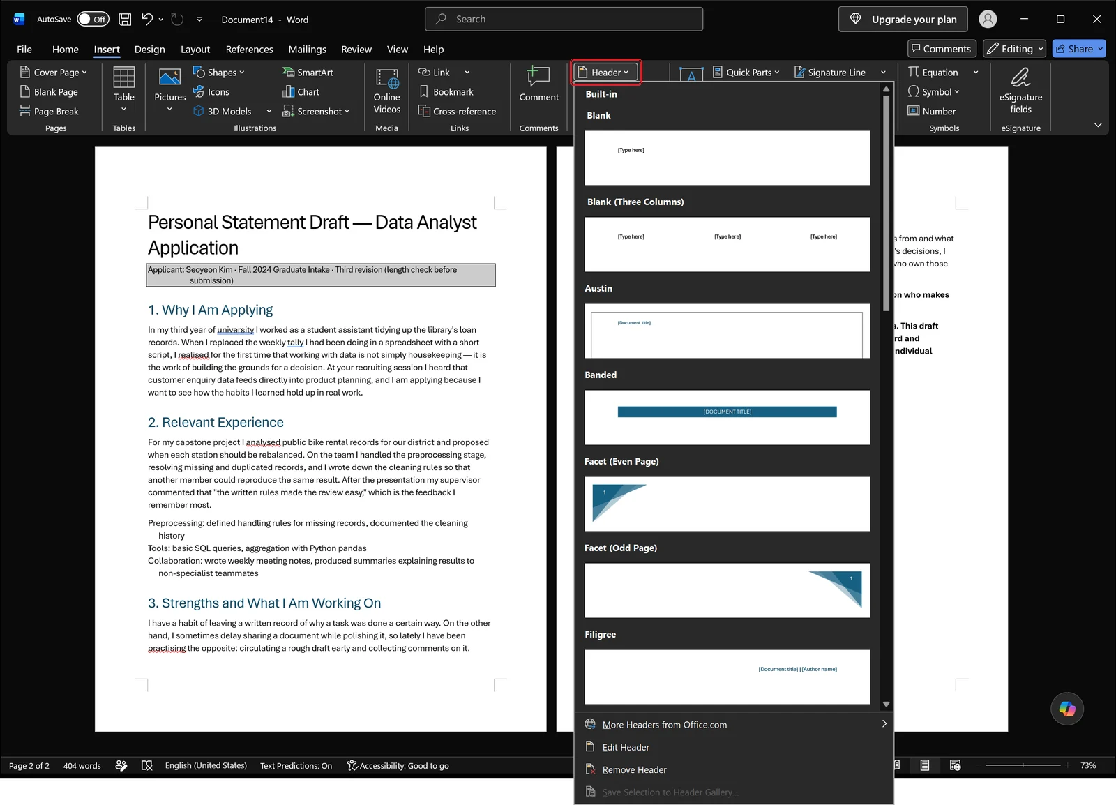 Word Insert tab with the Header gallery dropdown open showing built-in header layouts