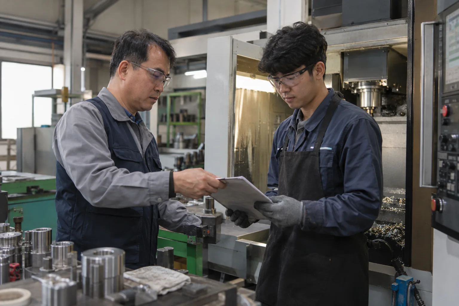 CNC 가공기 옆에서 보안경을 쓴 반장이 앞치마 차림의 젊은 작업자에게 서류를 건네고 작업자가 장갑 낀 손으로 받아 읽는 장면