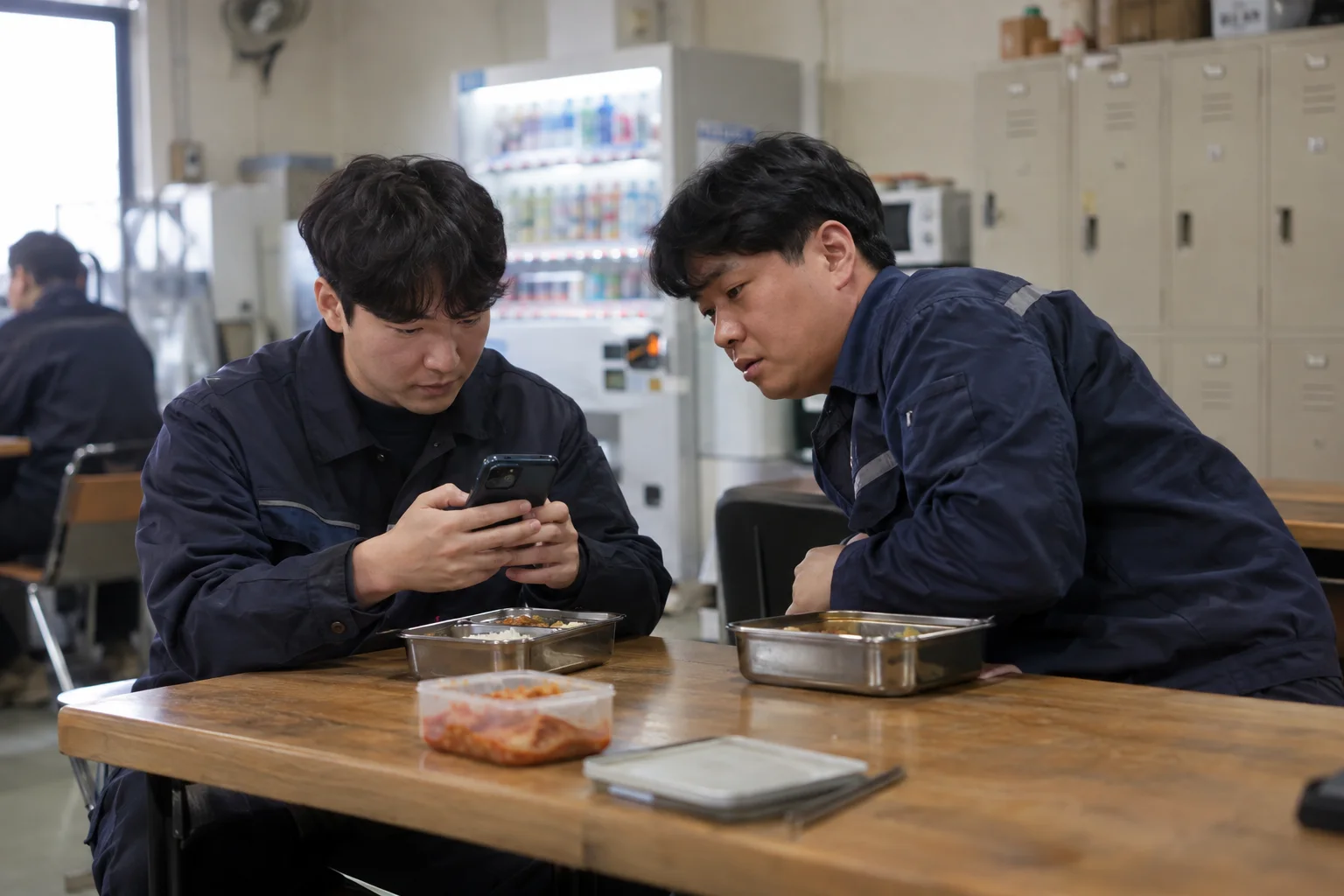 공장 휴게실 식탁에서 작업복 차림의 생산직 직원이 휴대폰을 들여다보고, 옆 동료가 몸을 기울여 화면을 함께 보는 점심시간