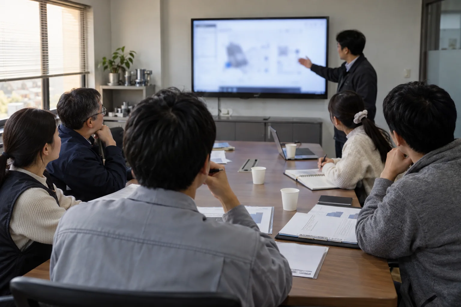 회사 자료로 만든 맞춤 데모를 보는 회의